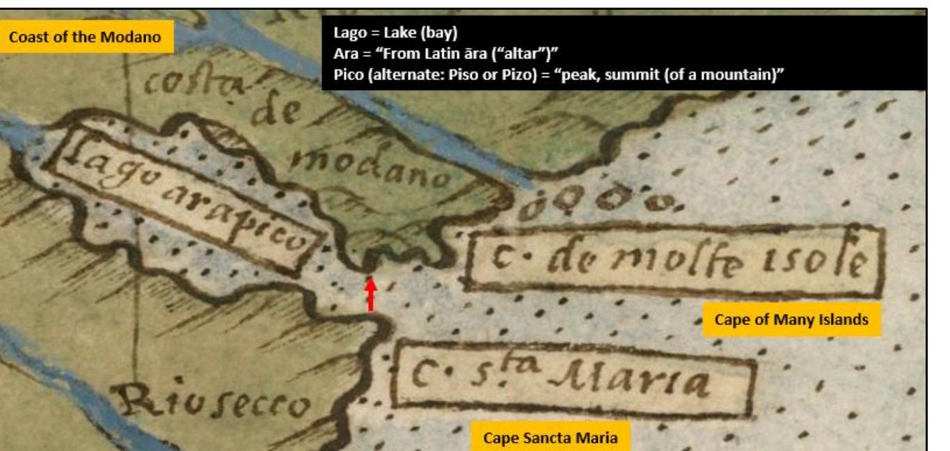 Figure 119. The 1587 Monte Urbano Tavola designated Narragansett Bay as a lago. This word is a derivative of aug. The term ara implies that the ‘holy bath’ was within this bay. Sou Rumsey Historical Map Collection // Stanford University (Palo Alto, CA), https://www.davidrumsey.com/luna/servlet/view/search?sort=Pub_List_No_InitialSort%2CPub_Date%2CPub_List_No%2CSeries No&q=urbano&search=Go.;  [Lago (Italian, lake or bay, relational with bath) = laug (Icelandic, bath); ara (Italian, altar) = ara (Icelandic, altar, implicitly holy); pico (Italian) = no letter sequence match in Icelandic  