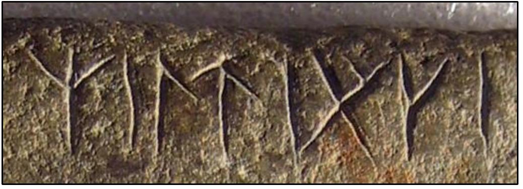 Haugen, on the front of the Map Stone (SP1), read vinnant. In his discussion, instead of discussing what vinnant represented historically, he argued the case that vinnant was a mistake and that the caver “probably intended” to spell vinland. Haugen’s speculation on this word meshed two lines of argument, the first being that the SPR were hoaxed and the s being that the sagas, which referenced Vinland, was the presumptive model for the hoax. From Haugen:  The rune for 7 is written in two distinct ways, the standard (+) on SP3 and the short branch (+) on SPI and SP2. This is of no great moment, since both forms were used in the eleventh century, and are found in modern books on runes. However, it suggests that possibly SP3 was carved by a different person from the other two. There are a number of differences in the  execution; SP3 is carved between horizontal lines, is generally rougher and more poorly carved than the others; it is the only one that has macrons above some of the letters.' (underline added)  