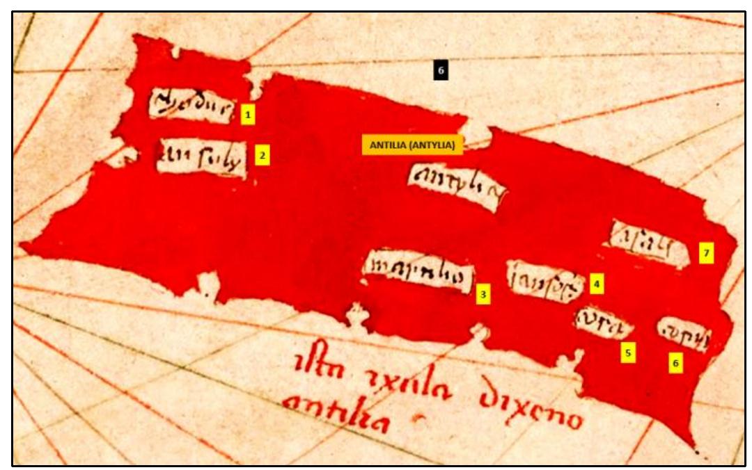 e 1367 Domenico & Francesco Pizzigano Chart [MS. Parm. 1612, Biblioteca Palatina (Parma, IT)], western margin illustration of Satanazes; e c. 1400 Albertino de Virga Chart [Port. 40 (Morosini Gatterburg 469) (ex 38), Museo Correr (Venice, IT)], two rectangular islands (Satanazes and Antylia) but without toponyms; and e 1424 Zuane Pizzigano [1424mPi, James Ford Bell Library, University of Minnesota, (Minneapolis, MN)], Satanazes and Antylia toponyms. 