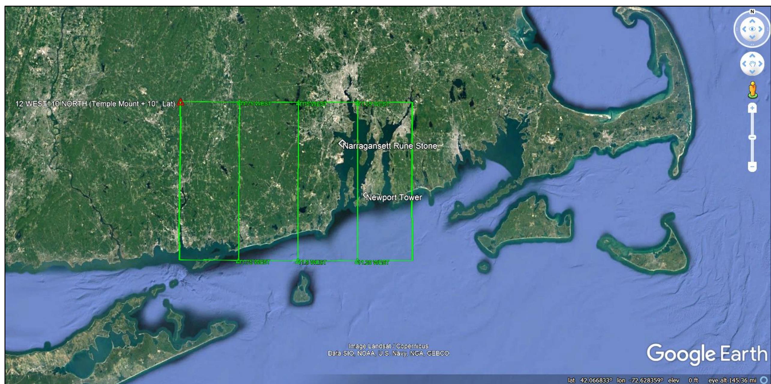Figure 138. The Inscription Stone’s (SP3) geodetic coordinates (vist: 12: nor: 10) identify Narragansett Bay, the location of the North American Baptistery (Newport Tower) and the NRS rune stone. The longitude component 12 (degrees) was referenced to the Western Parallel (NF-NS PM). The latitude component 10 (degrees) was referenced to Jerusalem (the center of the terrestrial world on countless Medieval Era cartographic works). Source: Google Earth®. 