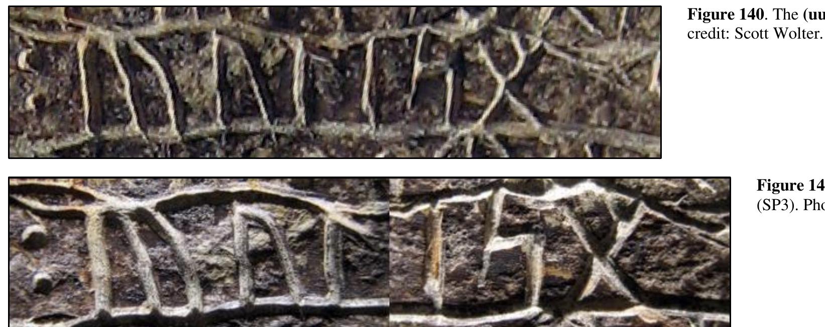 Nielsen, in his 1992 work (“The Spirit Pond Runestones of Maine: A Proposed Dating and Tentative Translation”), determined that the 1010, 1011, and 1011 numeric sequences nscription Stone (SP3) represented GYC dates of 1401, 1402, and 1402 AD, respectively. Furthermore, Nielsen identified that in runic inscriptions, a GYC date was immediately fo y the rune identifying Easter Sunday (8" day, the Ogdoad) for that specific year. On the Inscription Stone (SP3), immediately after the first GYC numeric sequence of 1010, the onfirmatory u rune was present. This confirmation rune was doubled, likely for emphasis. 