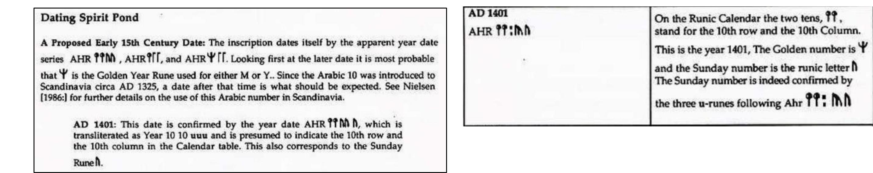Figure 142. Richard Nielsen’s discussion on the GYC 1010 numeric sequence on the Inscription Stone (SP3). Source: Nielsen 1992: 103-104).  Using the Germanic Lexicon Project’s electronic database of Cleasby and Vigfusson’s An Icelandic-English Dictionary Haugen’s uiulisa (?) letter sequence was queried. The same was done for Buchanan’s uterlisa (?) sequence. No findings resulted from either search. Another query, with no positive findings, searched for tisa combinations in case the clearly nscribed / rune was intended as at rune. Additional queries using letter sequences of lis, lisa, lica, lisé, lisee, sa-svit, and tica failed to retrieve any context-appropriate words. 