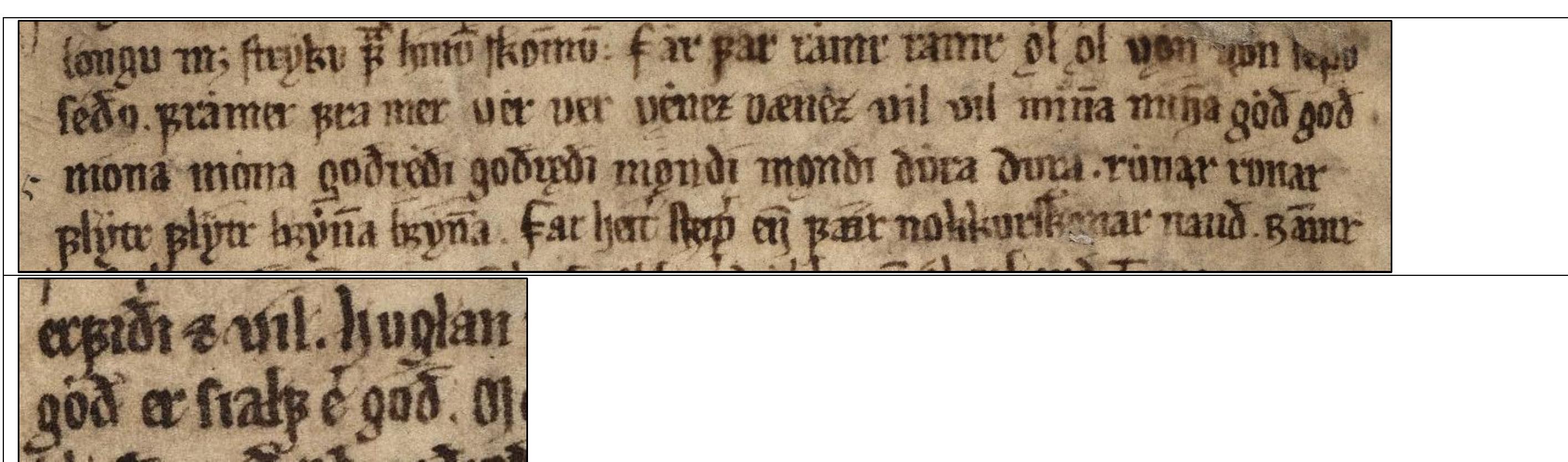 Figure 150. (Top) Variant word spellings within the mid-12" century Icelandic manuscript First Grammatical Treatise (AM 242, f. 43). Note the spelling forms of g60 and god. The first form, utilizing the 14" century variant of double accent marks, would be found on the 1362 self-dated KRS, scribed as “g:éter.” (Bottom) On the same f. 43, but lower down in the text, the spelling forms of g60 appears. What appears to be a bar/macron over god on the RH side is the descender of the letter g from the word above. Source: https://handrit.is/manuscript/view/en/AM02-0242/0#mode/2up.  