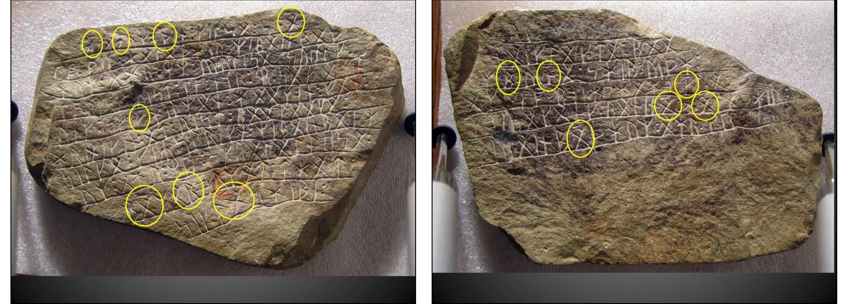 Figure 151. Physical mapping of the barred runes on the Inscription Stone (SP3). Photo credits: Scott Wolter.  Eichel is the German word for acorn or glans. The question of whether the name is an assertive nom-de-plume is suggested by the female friend in her kayak who takes hold of “m(ar -),” evidently as a capstan, and winds the ship ashore. Though we might prefer a different explanation of M—P--, no other rendering fits the evidence, including that of the notably pl fish. Unable to look up any of the words (hre6r, erdor, beitill, vingull) for the male procreative organ of men and animals, the carver may have had to settle for the ambiguous Latin p [penis], thoughtfully provided with a macron as the signal for expansion.'° (underline added) 