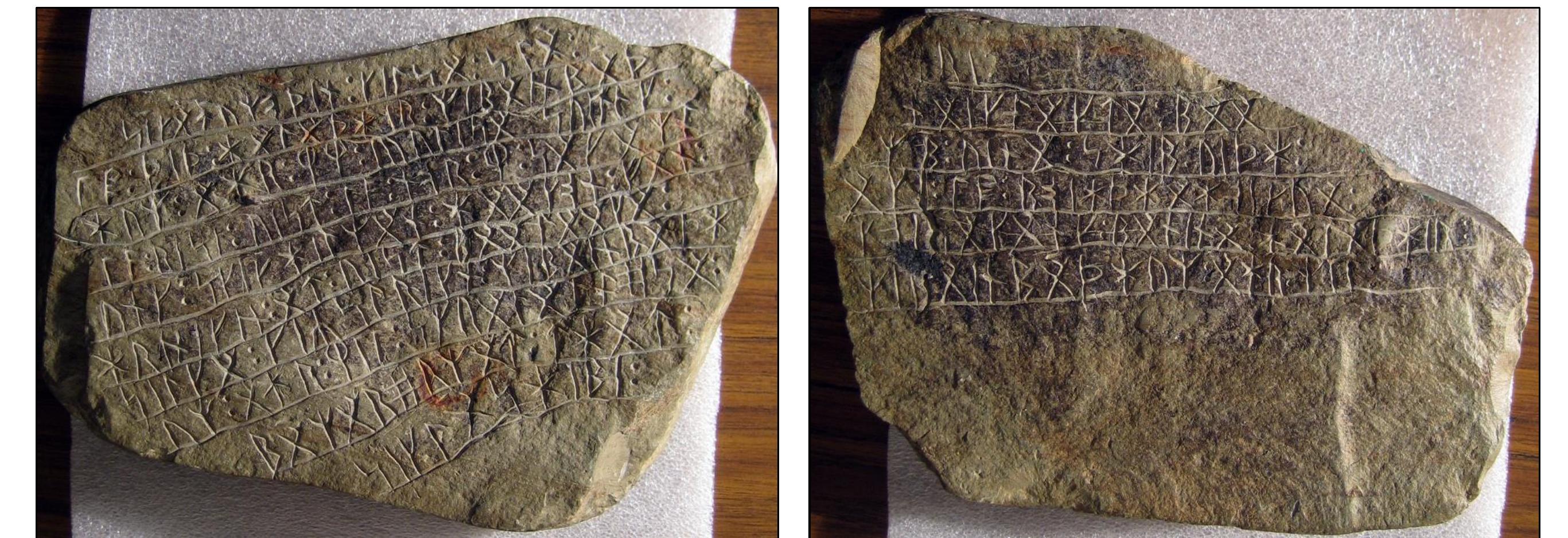 Figure 153. The front (LH) and reverse (RH) sides of the Inscription Stone (SP3). Photo credits: Scott Wolter.  Haugen’s 1972 report dismissing the authenticity of the SPR was state of the art for that era. Bourque — who had no expertise in runic inscriptions — accepted Haugen’s conclusions. There is nothing amiss in this, the linguistic expert stated conclusively that the stones were hoaxed. However, forty-eight years later, in 2020, Bourque still uncritically accepted Haugen’ conclusions despite nearly all of Haugen’s conclusions having been rebutted by Buchanan’s (1992) and Nielsen’s (1992, 1993) works. Thus, the author must lay out, yet again, why Haugen’s conclusions were incorrect. 