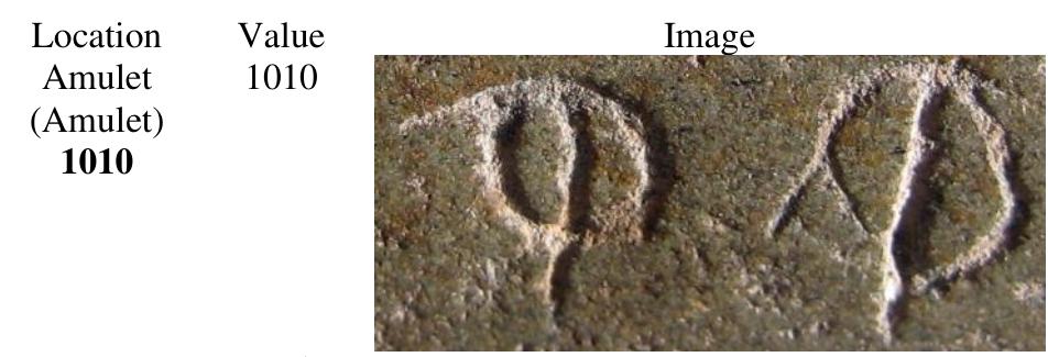 Figure 163. The 10" notation on the SPR. Photo credit: Scott Wolter.  In 2003, Henrik Williams (Swedish runologist) and Richard Nielsen collaborated on a report supporting the Stockholm Historical Museum’s exhibition of the KRS. The intende audience was Swedish and Williams influenced the content to play to the home crowd. Swedish academics, by 2003, had maintained for over a century that the KRS was a hoaxed r inscription. From Williams and Nielsen’s article: 