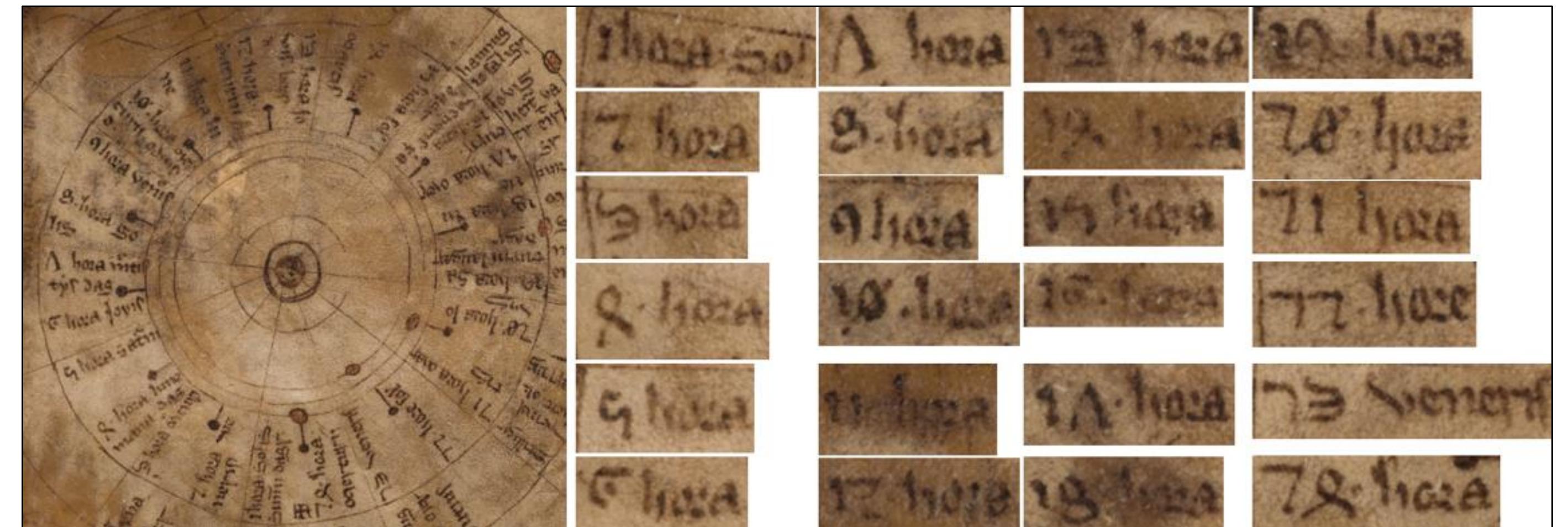 Figure 165. GKS 1812, 4to; folio 7r. This manuscript is available via the Internet at: https://handrit.is/manuscript/view/is/GKS04-1812/13?iabr=on#page/6v/mode/2up. The snippet images were sourced from a 23 MB high-resolution image provided to the author by the Arni Magnusson Institute for Icelandic Studies, Reykjavik.   -  Fortunately, not all the historical manuscripts in Iceland were at the Skalholt Cathedral in 1550 when it was destroyed. The Icelandic GKS 1812, 4to manuscript, a computus, survived the overall destruction wrought by the Reformation in Iceland. Folio 7r within the manuscript contains an illustration described as a “diagram of the planets and signs of the zodiac with accompanying text in Icelandic.” Scholars have determined that the illustration was crafted at the hand of Scribe C in the first half of the 14th century (1300-1350).° The Hindu-Arabic numbers (1-24) are arrayed around the perimeter of the circle, each number accompanied by the term “hoza” (alternately, “hoze”). These terms are Latin for hours, with the letter “z” being a substitute for the letter “r” (not uncommon, later cartographic works from Italy used this same substitution). Note the construct of the 10 and 20 values. The (1 and 2) represent the tens value assignment (1.e., one unit of ten and two units of ten). The (@) represents that no singular units (1, 2, 3, 4, and so on up to 9) is to the right of the ten(s) assignment. 