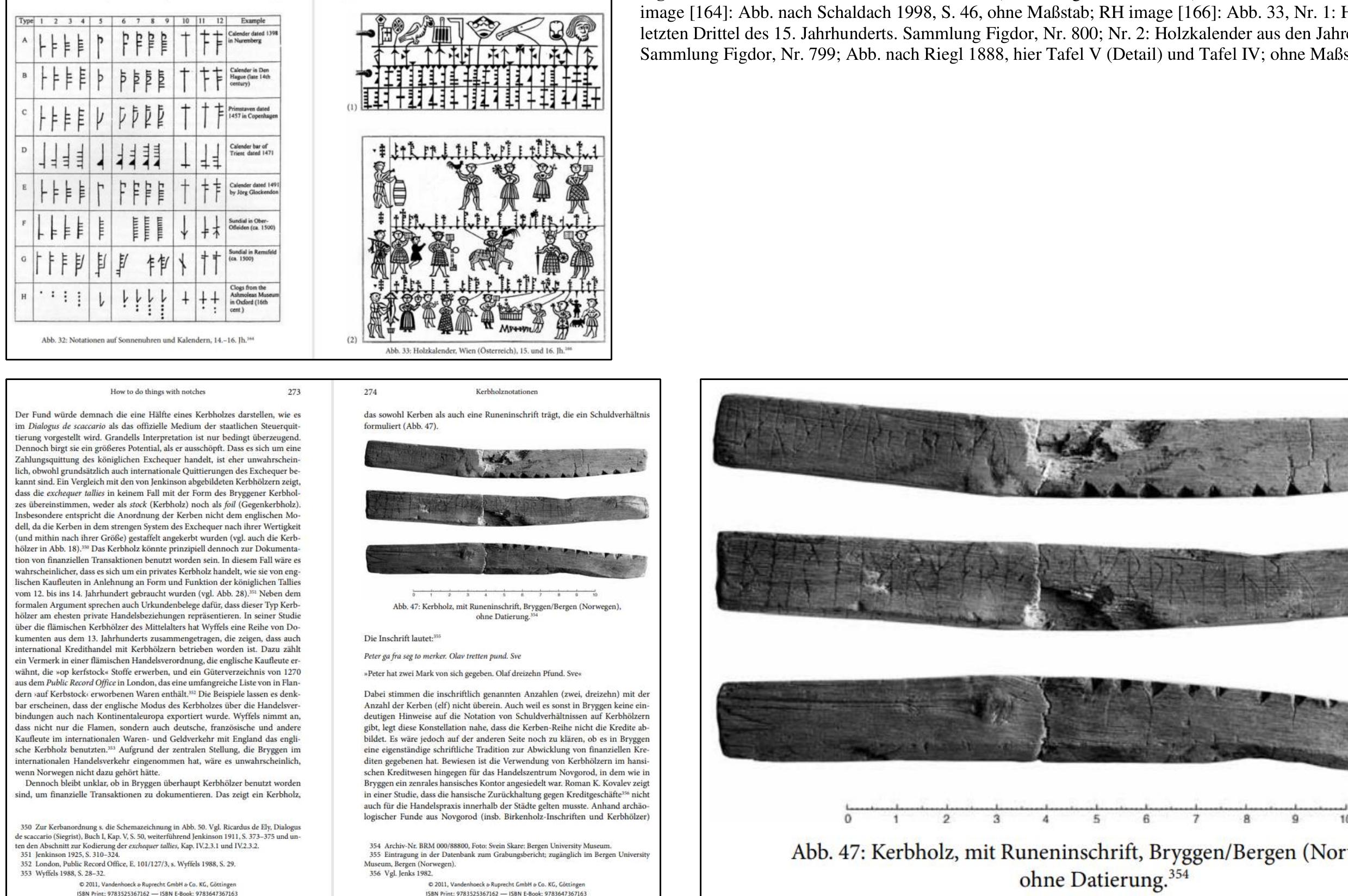 Figure 170. Discussion of notched tally sticks with runic script from the Bergen finds. Source: Jussen et al, 2011, 273-4. 