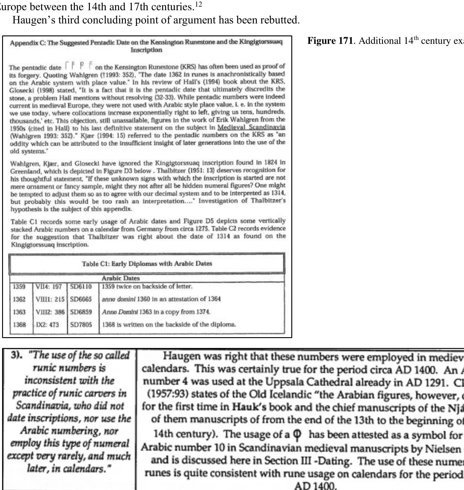Moreover, apart from Roman capitals and runes, other [epi]graphic systems were known and widely used both in Scandinavia and in Southern Europe: for example, the so-called “Continental ciphers” and the “English pentadic notes”, which both referred to a counting system based on the number five, and both prove to be of some relevance to our present case.!!  1. See (chronological listing) the following works for information on pentads, pentadic numeral notation, numeric ciphers, runic staves, clog calendars, etc.: Armstrong, “The Numerals on the Kensington Rune  Stone” 1937; Holand, Norse Discoveries and Explorations in America, 1969 (First published in 1940); Hagen, “The Kensington Runic Inscription,” 1950; Thalbitzer, Two Runic Stones, from Greenland and  Minnesota, 1951; Jansson, Sam Owen. “Runstavsproblem.” 1953; Hall, Robert A., Jr. The Kensington Rune-stone is Genuine: Linguistic, Practical, Methodological Considerations, 1982; Nielsen, “The Arabic  Numbering System on the Kensington Rune Stone,” 1986; Nielsen, “The Spirit Pond Runestones of Maine: A Proposed Dating and Tentative Translation,” 1992; Ifrah, The Universal History of Numbers, 2000; 164 