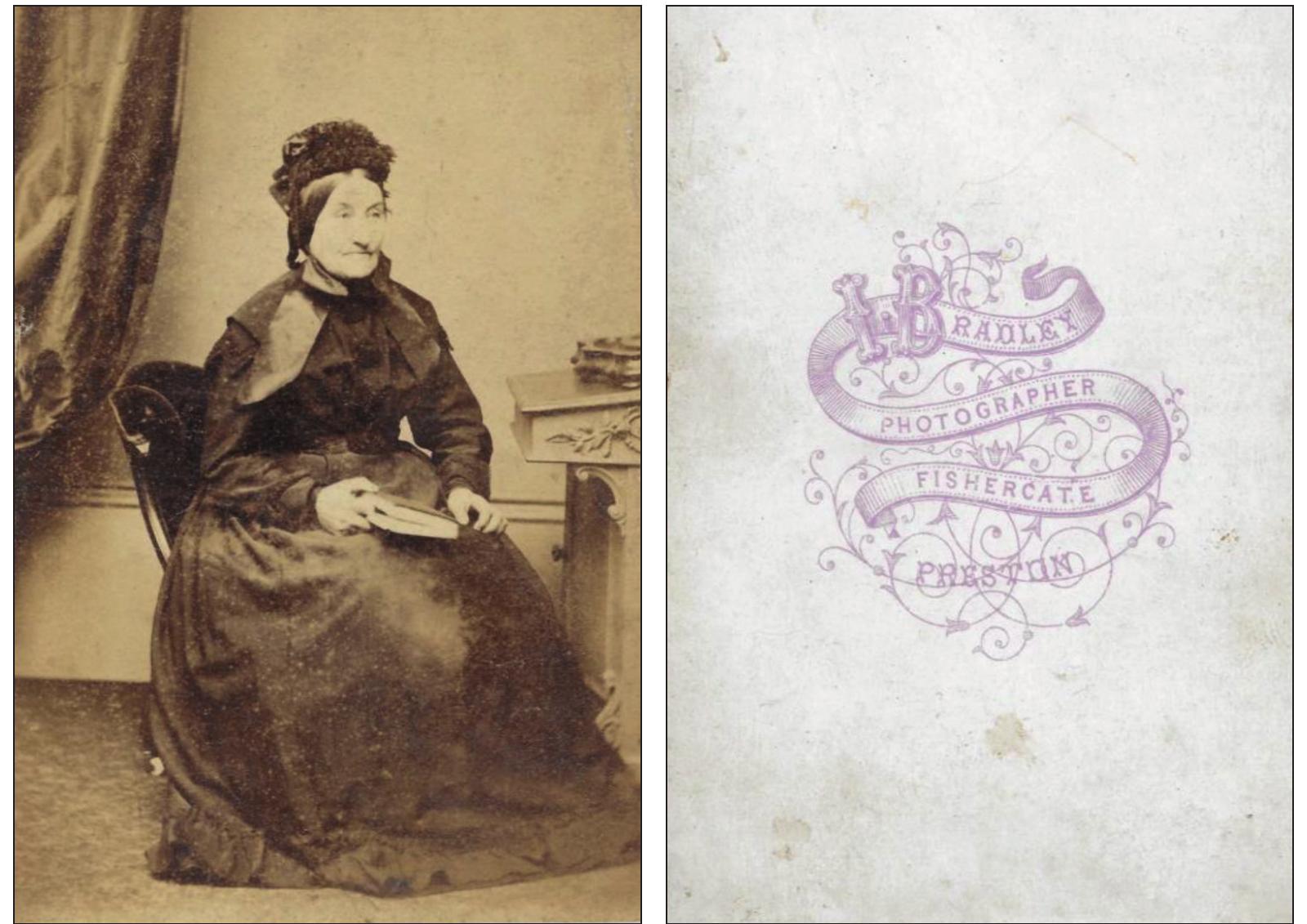 3 Obverse and reverse of a copy of a carte de visite of Agnes Moon of Ridley Lane, Mawdesley (circa 1862) 