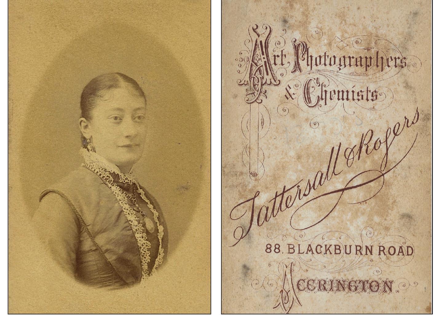4 Obverse and reverse of a carte de visite of Agnes Bamber (née Moon) of Wellington Street, Accrington (1881) 
