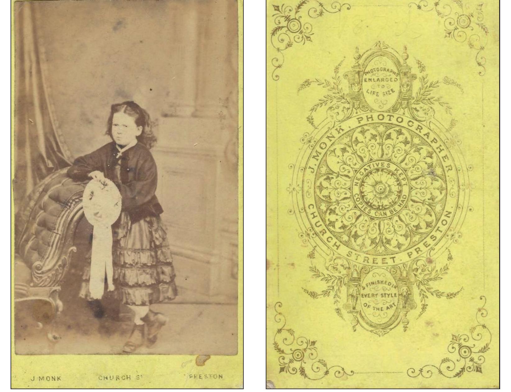5 Obverse and reverse of a copy of a carte de visite of Elizabeth Moon commemorating her first Holy Communion (1865) 