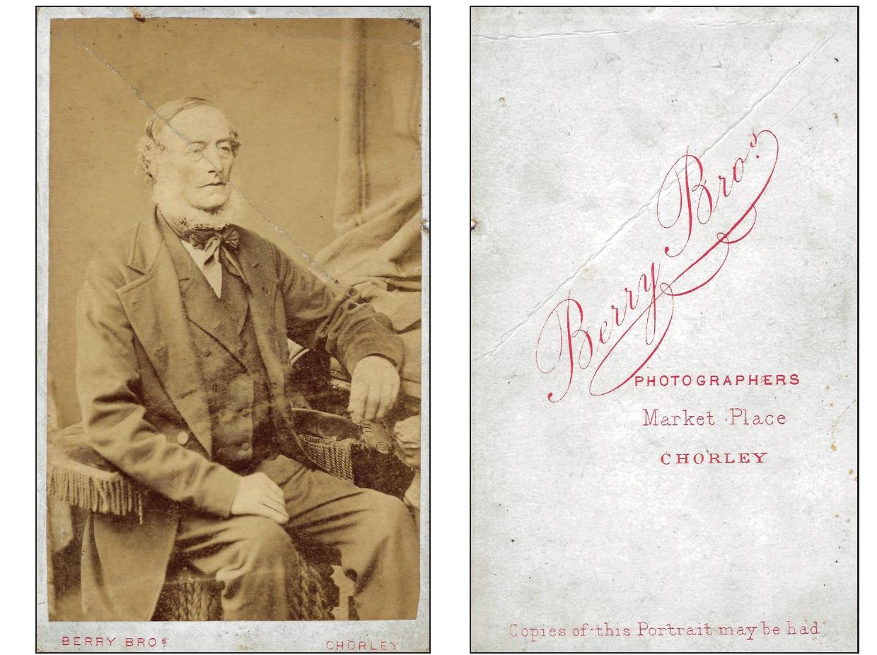9 Obverse and reverse of a carte de visite of an elderly gentleman of the Moon/ Prescott family (circa 1869)  Figure 8 shows a man seated with his child on his lap: the latter is wearing a dress, but the child’s short hair indicates it was probably a boy. The practice of breeching was widely adhered to in the Victorian period and even into the early twentieth century.” The slight blurring of the child’s face and hand suggests some movement during the exposure for the photograph. The man’s waistcoat and trousers match, indicating that the portrait was taken some time in the 1870s or 1880s, as this was the prevalent style.’ However, the lack of details other than the chair and drapes makes the date of this portrait harder to pinpoint with precision. ‘The reverse of the card refers to photographer J. Monk’s studio on Fishergate, formerly occupied by Isaac Bradley, suggesting that the card was printed sometime between 1872 and 1879. The faded name Marion Imp Paris (with no dashes or dots) is just visible at the bottom of the obverse, implying a similar date to the previous item.®* 