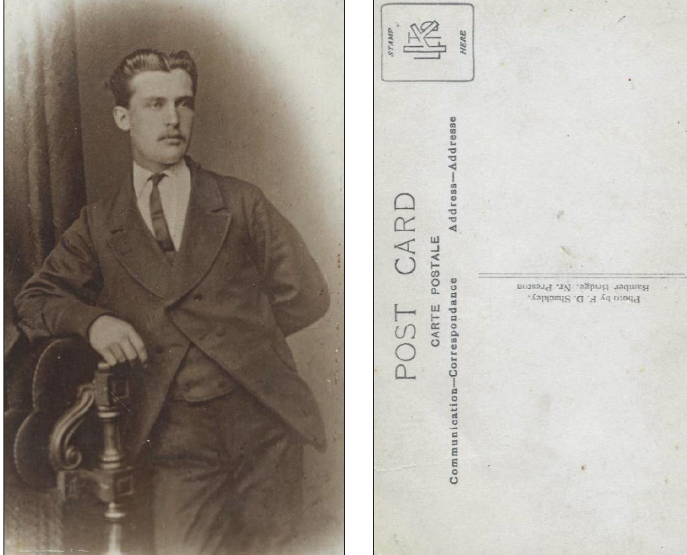 12 Obverse and reverse of a carte postale of Joseph Prescott (circa 1897)  is that of a member of the Prescott family who looks to be in when the portrait was taken by ED. Shackley of Bamber Bridge. only appeared in the 189  Al  2  A  ‘he portrait’s origins in th mourning; her complex fri  hotograph itself is consid  ter 1902.7!  s, which helps to confirm the date o  elaborate design on the chair, and the three-quarter length bod e 1890s. The black clothing may suggest the woman is in  led dress and the loop or coil of hair at  so characteristic of the popular style between 1895 to 1900.” holding a piece of paper for the portrait has some symbolic significance. Although the ered to date from the mid-1890s, it was copied to produce the carte postale itself several years later, in the Edwardian era, because that includes a space for correspondence on the reverse, which the British Post Office only allowed  her thirties or forties The use of vignettes  this portrait.®’ The y shot, also indicate  the back of her head tis thought that her  