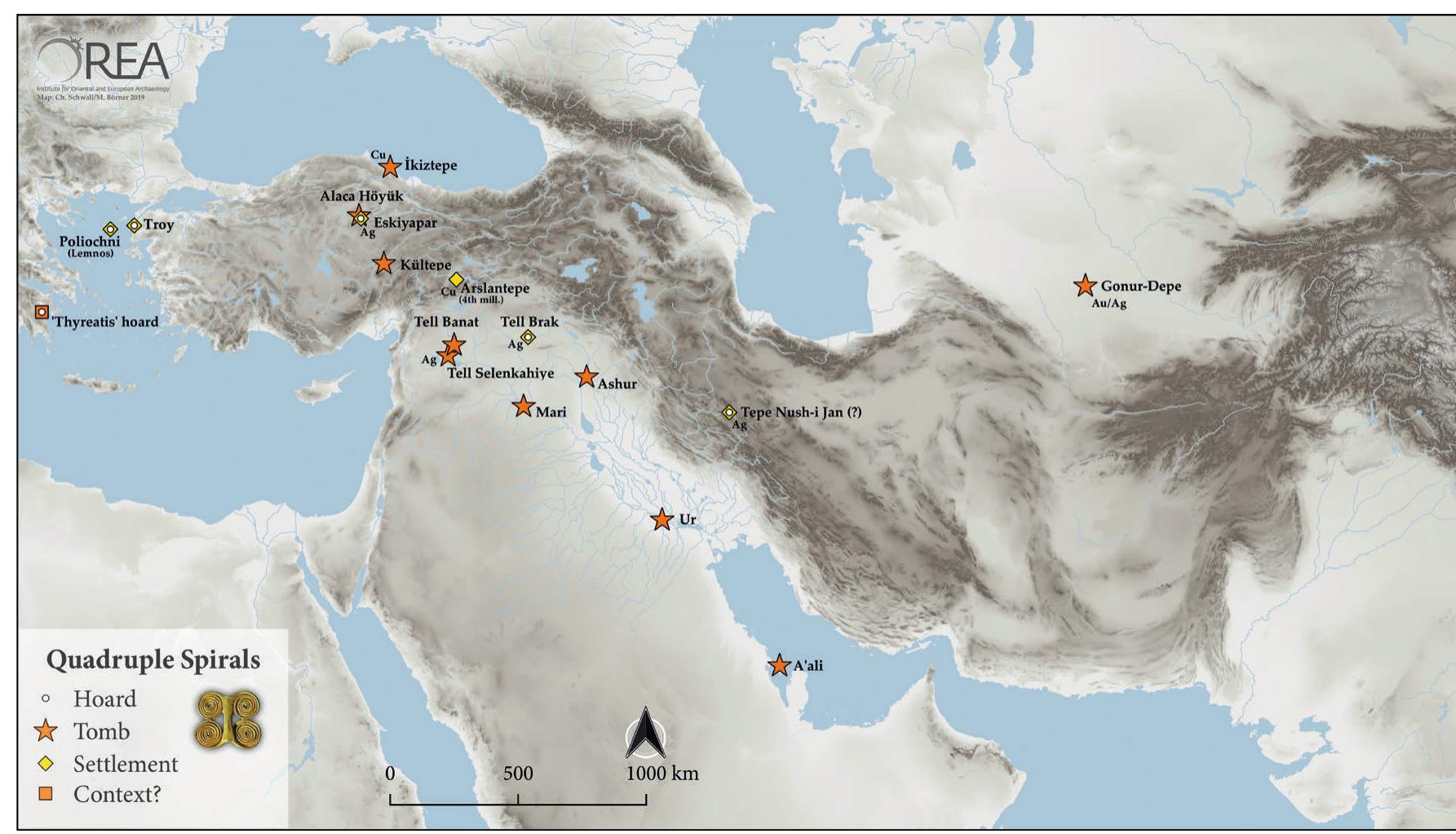 Fig. 1 Distribution of quadruple spiral motifs made of gold (Cu=copper, Ag=silver, Au/Ag=gold & silver; map: M. Bormer, Ch. Schwall/OREA; quadruple spiral: after Hajlund 2007, 75, fig. 131) 