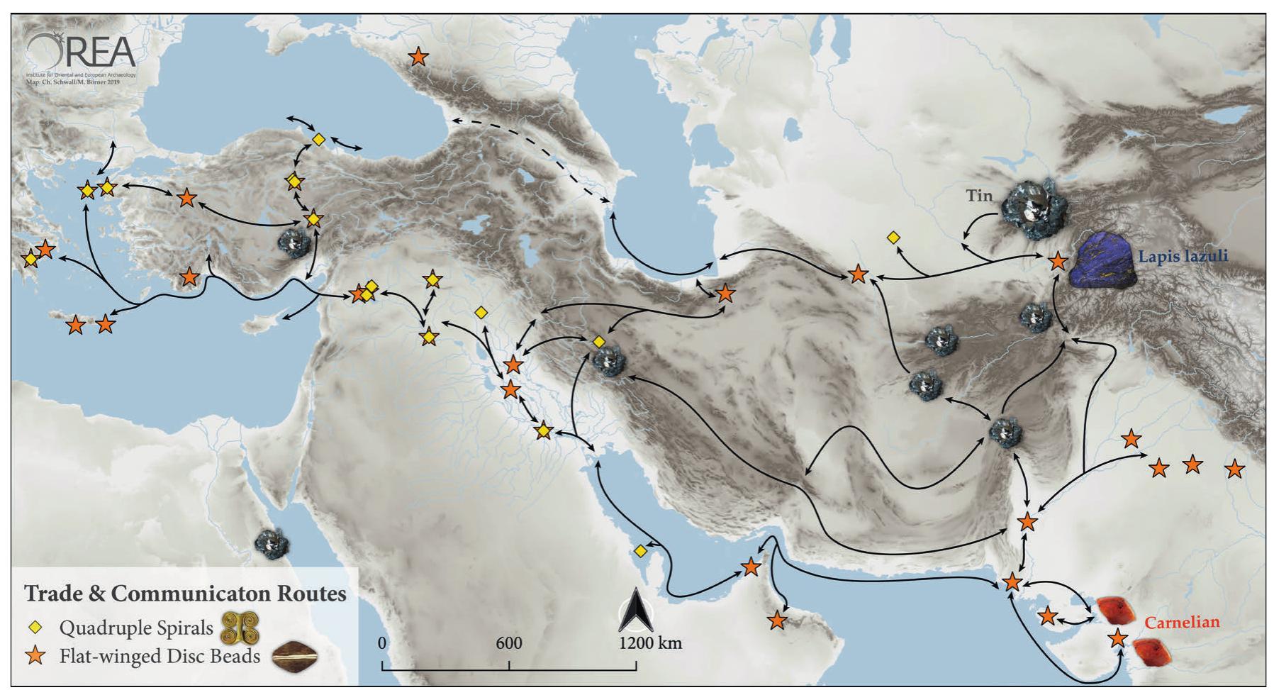 Fig. 3. Assumed routes of the far-reaching trade network based on the distribution of quadruple spiral objects and flat-winged disc beads made mainly of gold and silver, together with lapis lazuli, tin, and major carnelian raw material sources (map: M. Borner, Ch. Schwall/OREA; quadruple spiral and flat-winged disc bead: see Figs. 1—2) 