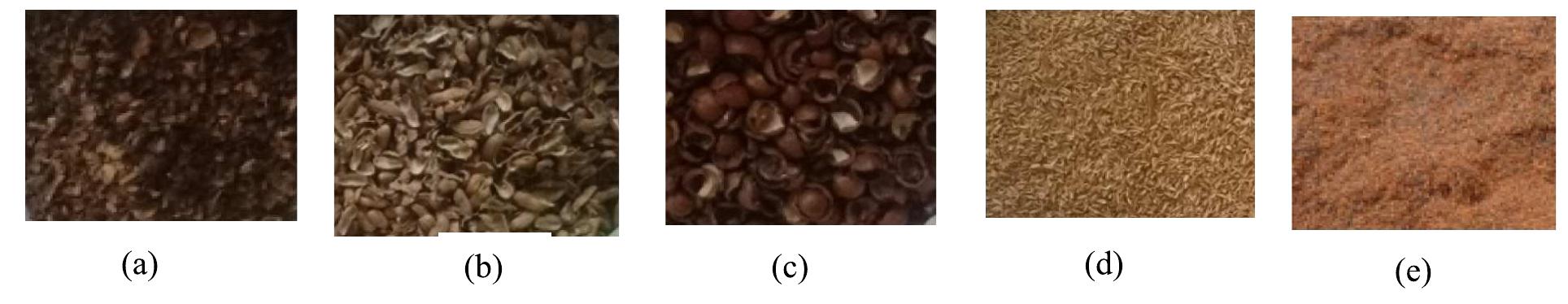 Fig. 1. Biomass waste materials: (a) coffee husk, (b) groundnut shell, (c) macadamia nutshell, (d) rice husk, (e) tea waste.  Following, the wastes were sorted and a study on thermochemical conversion was performed to evaluate the scope of resource recovery. This study discusses the thermal decomposition behaviour of five biomass waste samples through TGA analysis using Perkimer STA 6000  The Mean Reactivity (RM) is a crucial parameter for assessing the overall reactivity of a material during the pyrolysis process [97]. The total mean reactivity (RMio:) is the summation of all RM at the different distinct peaks on the DTG curve. This index effectively summarizes how quickly and at what temperature the material undergoes decomposition 