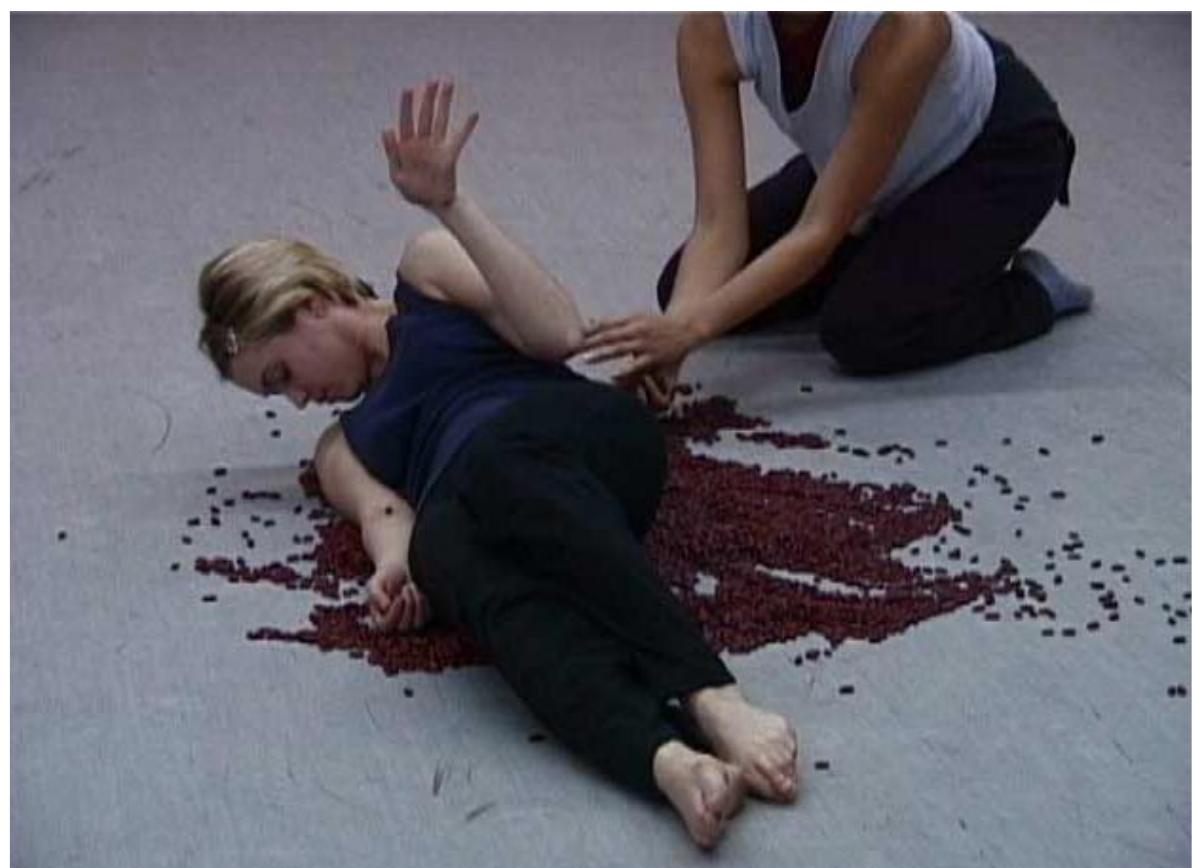 Beans are pooled or trickled. In the closing moments of the work they are poured in a torrent of ‘red rain. The sound recalls rain on an iron roof: 