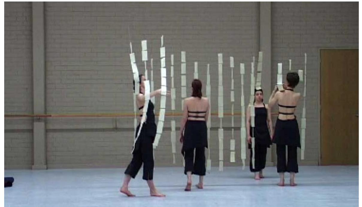 The paper spines become doorways, corridors and portals. In the perform- ance of Red Rain they are lit to suggest a mysterious curtain that both con- ceals and reveals.  Dancers responded individually to a single paper strand and later demonstrated their improvisation or movement response to the 