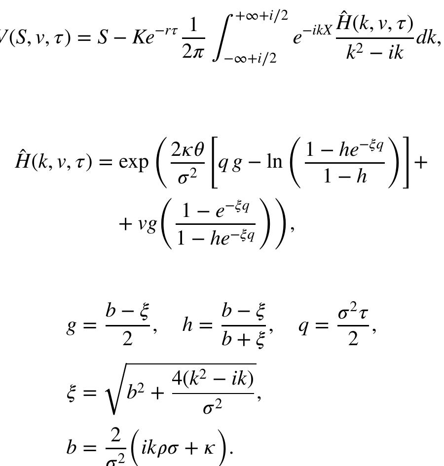 The Lewis formula (5) is derived by applying the complex Fourier transform on the partial differential equation corre- sponding with the pricing process. The solution is the inverse complex Fourier transform of the so-called fundamental transform 4 (k,v, 7), where k is complex valued. Knowing A (k, v, 7), it is possible to obtain the option price for different particular payoff functions, not only the European call. We want to show that the Lewis and Heston (and hence Albrecher) formulas are equivalent representations of the same solution. We begin by splitting the integral in the Lewis formula (5).  for both j = 1,2, where the parameters u;, a and b; are defined as follows: 