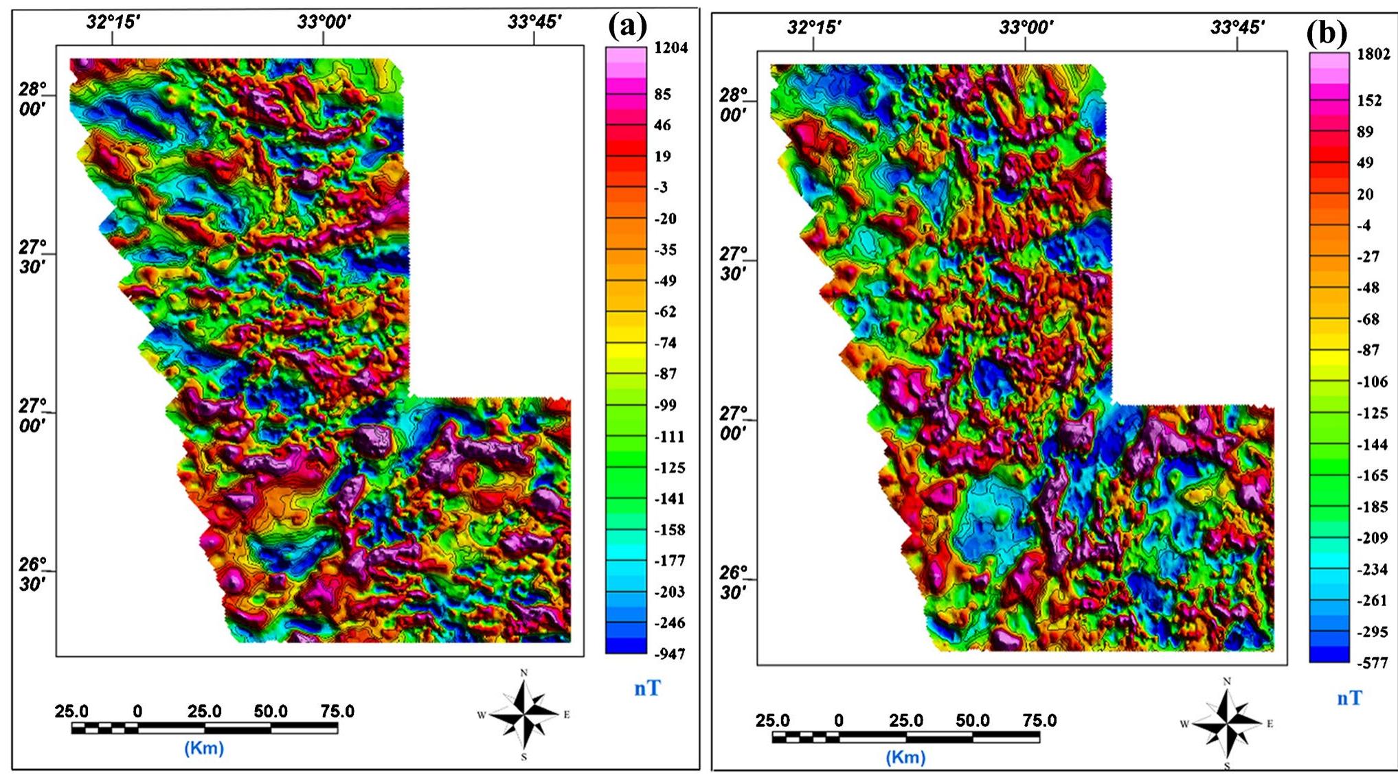 A the shaded color map of the total magnetic field intensity