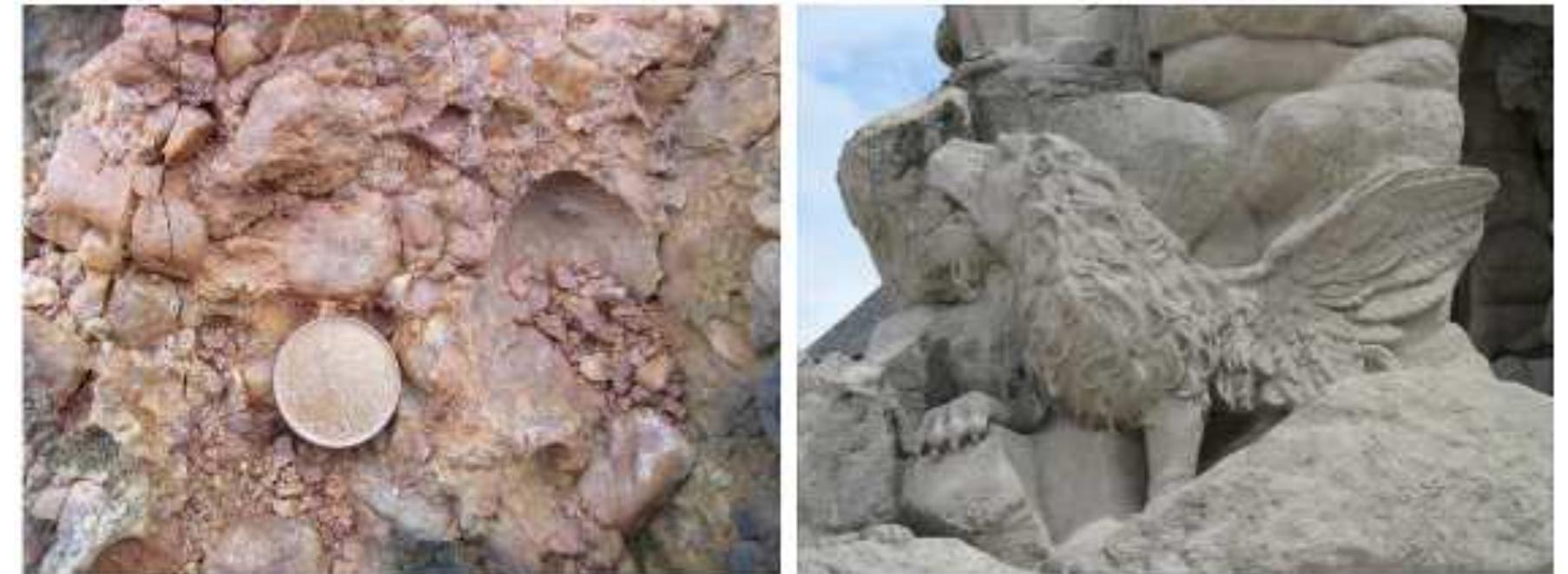 (metabasalts, diorites and granodiorites), Paleozoic cover (Devonian clastic sediments and imestones), Mesozoic limestones of Jurassic age and Cenozoic sediments (Neogene sands, gravels, calcareous clays, Quaternary loess, fluvial sediments and anthropogenic deposits) are represented here (Miller and Novak 2000). High lithological diversity is reflected in the morphological, soil and hydrological diversity (geomorphodiversity, pedodiversity, hydrodiversity) which has influenced the urban development and which has left an indelible imprint on the identity of the city, e.g. iconic  decoration and building stone (Figure 1), landforms that contribute to the typical panorama or shape of he city.   Fig. 1: Red conglomerate from Cerveny kopec and white Crinoidea limestone from Stranska skala: the colour of two iconic materials for Brno’s Medieval architecture match with colours of the city. Photo: Lucie Kubalikova 