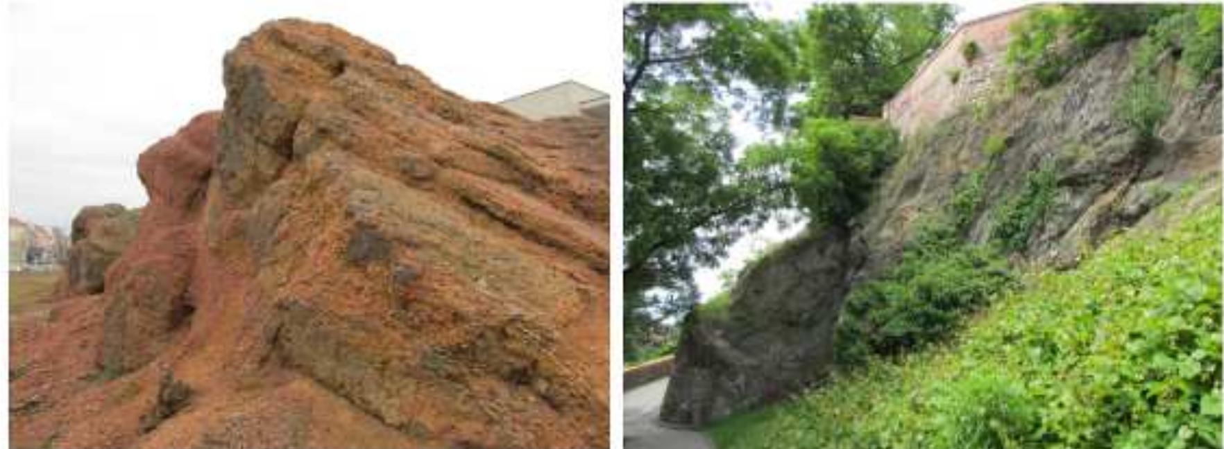 In the first category (protected geosites and sites included in the national database of geological localities), the best examples of geotourist sites usually overlap with legally protected areas: Hady (National Natural Reserve, several Natural Reservations and Monuments), Stranska skala (National Natural Monument), Cerveny kopec (National Natural Monument). Significant landscape elements (the lowest category of general nature protection) can be included too, e.g. Petrov, Zluty kopec, Sandpit in Cernovice. The sites in the Database of the Czech Geological Survey (2020) possess geotourist potential as well, although, in many cases, there is a need for interpretation (e.g. Spilberk, Zabovresky quarry). Some examples are presented in Figure 2.  Fig. 2: Significant landscape elements can represent an important geotourist resource: Zluty kopec (Devonian conglomerates), Petrov (metabasalt outcrops). Photo: Lucie Kubalikova 