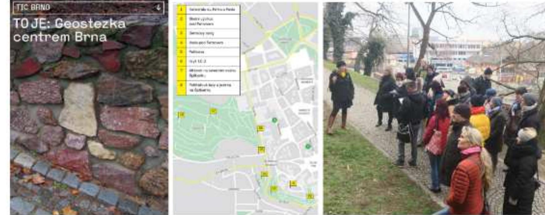 Fig. 5: The leaflet accompanying Geopath through Brno City Centre; guided walk for professional tourist guides had an aim to enrich information about traditional tourist sites.  ISSuGs OF le CIly. TNE QeOpalll Is GEsiQnedg tO COVEr SeVETal lYPEs Ol QEOQlOUrIsSt FESOUTCES (DOU Natura and cultural issues, both geosites, other sites and geocultural sites and objects).  Other activity is represented by guided walks for the public (planned two times per year). Based on the demand from professional tourist guides, a certified commented walk was arranged (Figure 5), with the aim of enriching the information about traditional objects of tourist interest (e. 9. Petrov Cathedral. Obelisque, Parnas Fountain). Generally, this is one of the goals of the project “Geodiversity withir urban areas” — providing additional information about geodiversity of the well-known places (e.g cultural monuments) or point on the sites or features in the city which are important from the geodiversity point of view, but which are not known to the public (e.g. outcrops of metabasalts - the oldest rocks in Brno — in fact, the oldest feature in Brno).  
