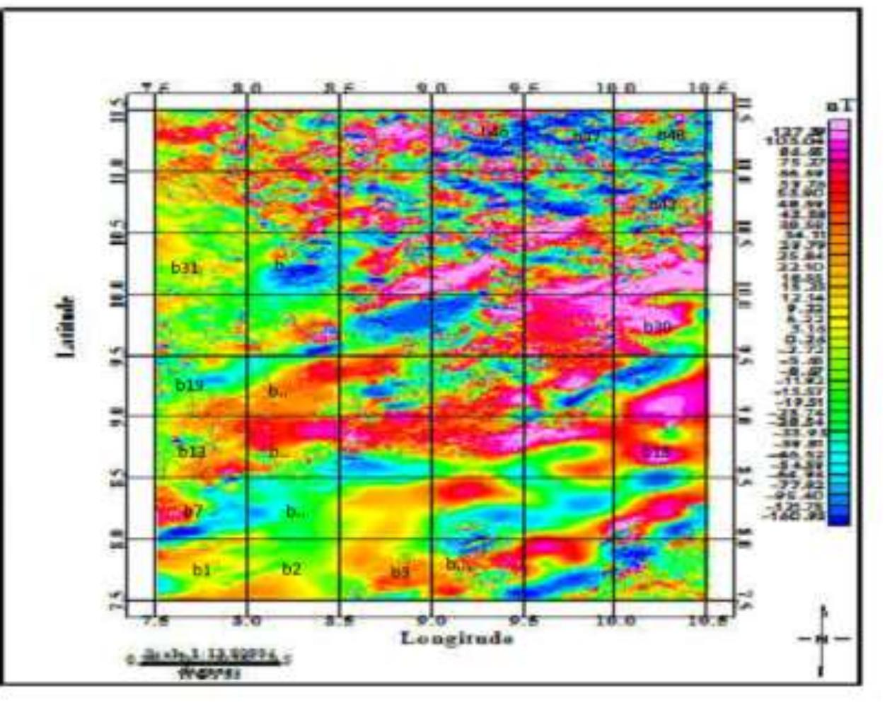 Residual magnetic field intensity map of the study area.