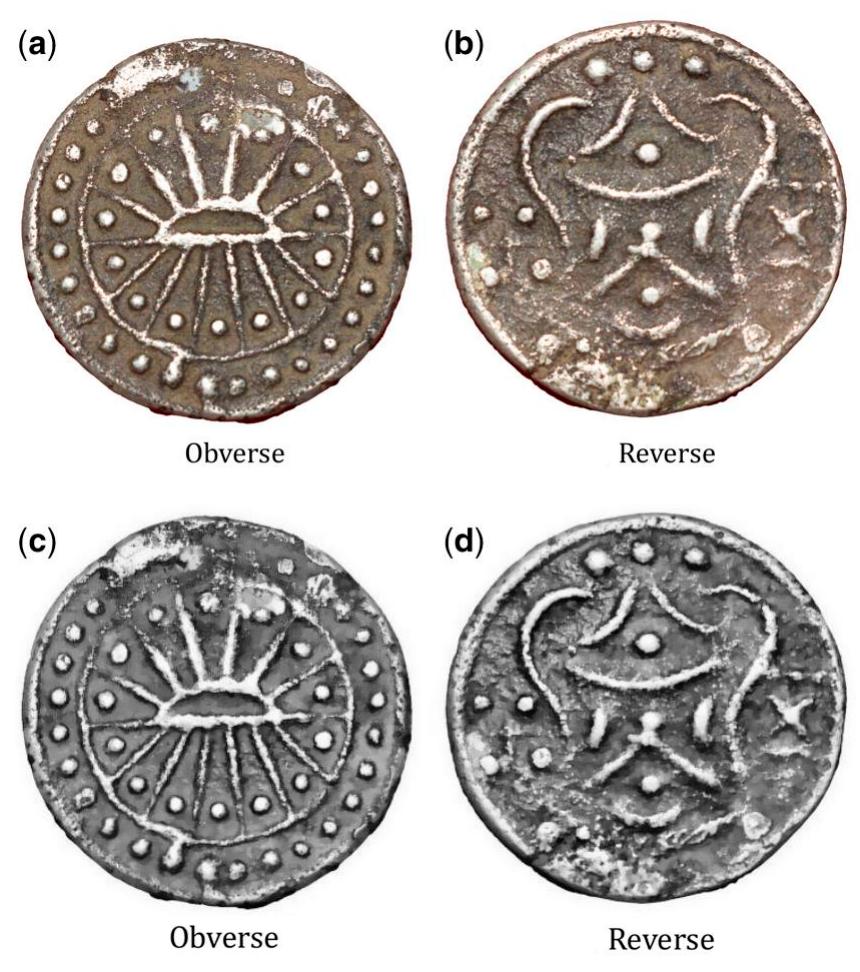 Figure 2. Example of a coin before (top row) and after (bottom row) preprocessing enhancement. Coin ID RSO175, Angkor Borei 