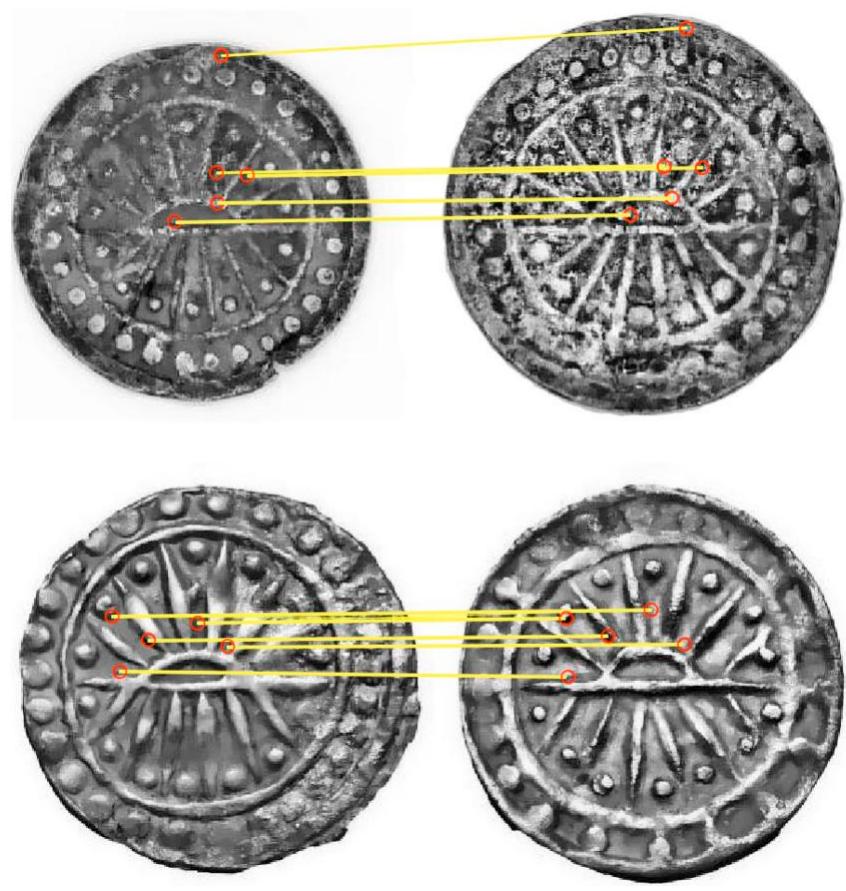 Figure 3. Example of landmark matching between two coin obverses belonging to the same (top) or different (bottom) cast/ die set. All coins come from Angkor Borei (RS0175/RS0178 and  RS0O758/RS0761). 