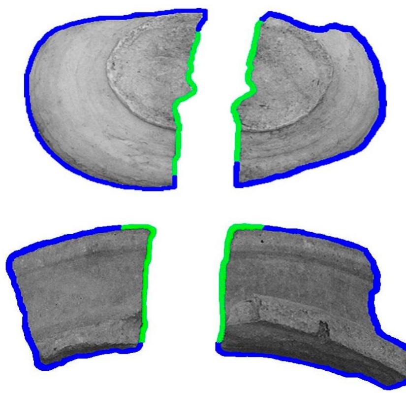 Figure 7. Matched sherd pairs obtained through automatic vessel reconstruction. Green lines represent matched edges. 