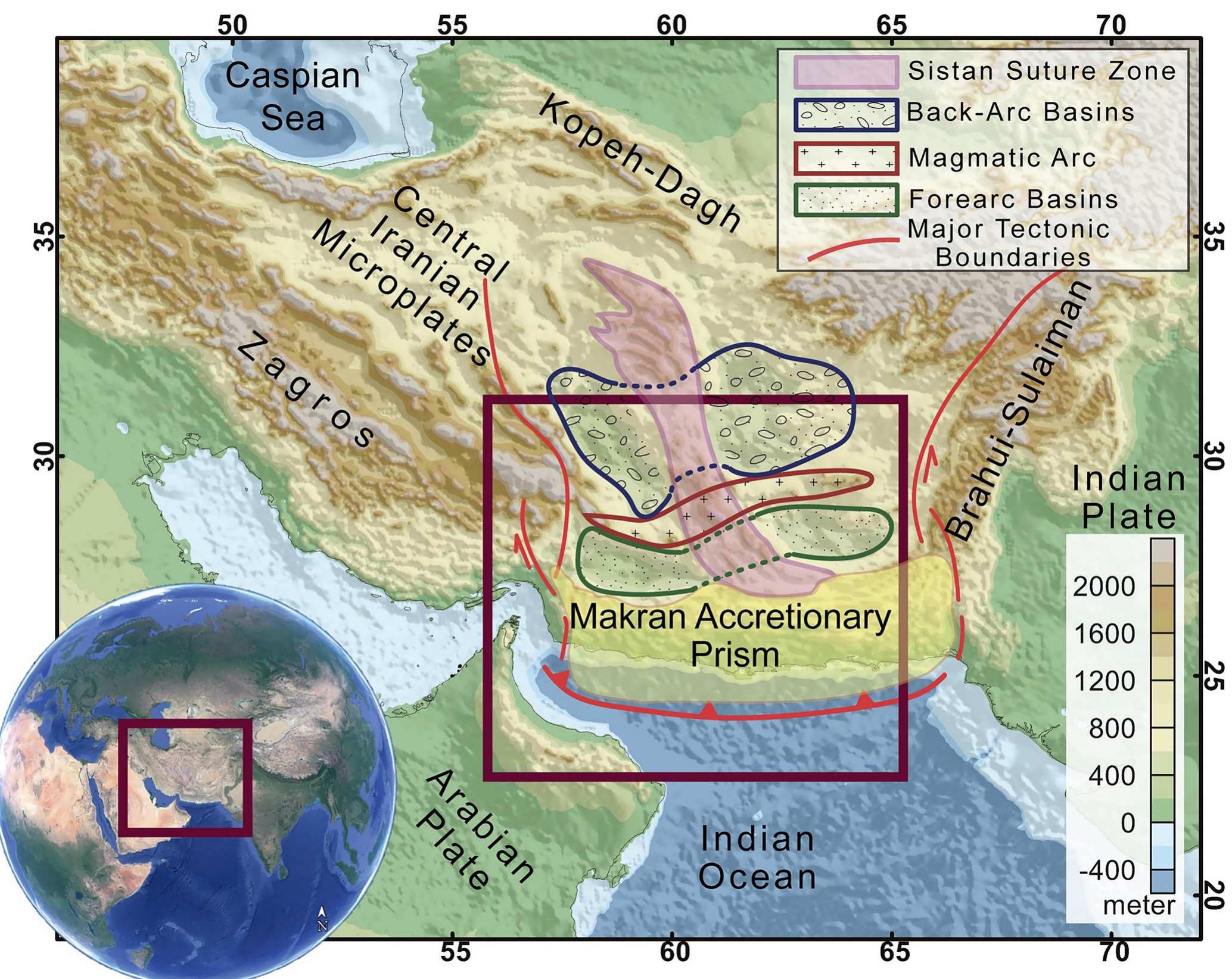 Fig. 1. Major tectonic structures superimposed on shaded topography. Red lines mark major faults and tectonic boundaries (after Burg, 2018). Dark red rectangle outlines the study area of the Makran subduction zone. 