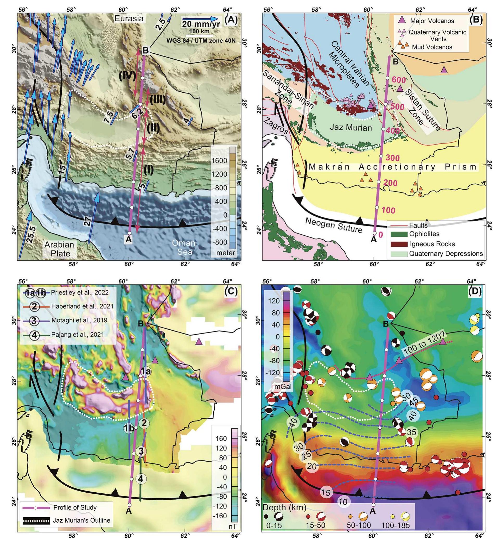 Fig. 2. Topographic (A), tectonic (B), magnetic (C) and gravity (D) maps of the Makran subduction zone region. Thick magenta line shows the location of th: modelled geophysical profile AB. (A) GPS velocity vectors with respect to Eurasia are shown by blue arrows with values (in mm/year) marked at selected station: (Khorrami et al., 2019). Bold black lines - main tectonic boundaries; dotted white line — outline of the Jaz Murian depression based on magnetic anomalies. Red line: with arrows mark major tectonic zones along the profile: I - Makran accretionary prism, II - Jaz Murian depression, III - Makran magmatic arc, IV - Sistan suture zone (B) Tectonic map (after Burg, 2018). Red numbers mark distance (in km) along the profile. (C) Magnetic anomaly field reduced to pole (Maus et al., 2009; www.g¢ omag.org/models/emag2.html) with high-resolution coverage for whole onshore Iran, includding the Makran accretionary prism (Teknik and Ghods, 2017). Colou lines with numbers - locations of the available seismic profiles used in this study: 1a &1b - Priestley et al. (2022); 2 - Haberland et al. (2021); 3 - Motaghi et al. (2020) 4 - Pajang et al. (2021). (D) Bouguer anomaly map (Balmino et al., 2012) with locations of seismic events with mb > 4, during the period 1945-2017 (color-coded by depth) with focal mechanisms (after Penney et al., 2017) where available. Thick blue dashed contours - depth to the oceanic Moho based on seismic studies (Motagh et al., 2020; Haberland et al., 2021; Pajang et al., 2021; Priestley et al., 2022). Dotted white line — outline of the Jaz Murian depression; dotted red line north of it mark: vertical projection of the mantle melting zone (see Fig. 5). 