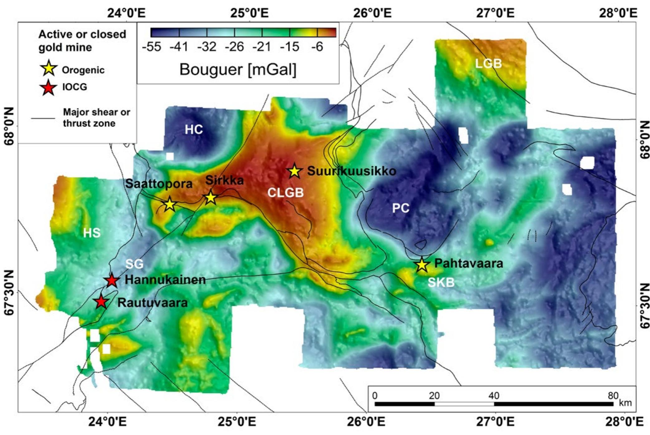 Bouguer gravity map of the study area and major thrust and
