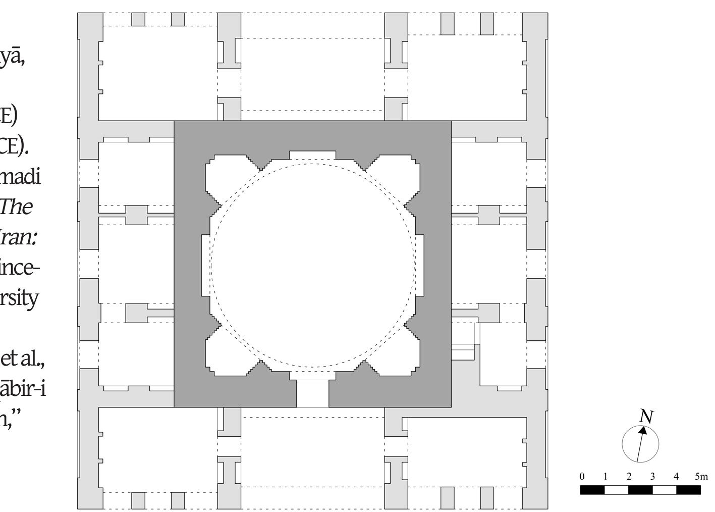 The star and cross tiles attributed to the shrine measure roughly 30.5 x 30.5 cm and are between 1.4 and 1.6 cm thick (see Fig. 1).°’ Relying on Donald Wilber’s plan of the building and assuming that the cross and star tiles reached a height of about 185 cm, we can estimate that about 750 tiles were needed to cover the dado zone, with gaps for the entrance and the mihrab (Fig. 11).°* Additional tiles would likely have covered the sides of the cenotaph, although since the top panel, consisting of three tiles now in the State Hermitage Museum in St. Petersburg, is dated 10 Muharram 705 (August 2, 1305), it is unclear whether such tiles were added in the early fourteenth century or earlier.” A stucco inscription frieze was added directly above the dado of cross and star tiles in AH 707 (1307-8 CE).® It appears, therefore, that there was no inscription frieze made of luster tile above the cladding of cross and star tiles: it is highly unlikely that such a frieze would have been so damaged as to need removal less than fifty years after luster tiles were first installed at the site. 
