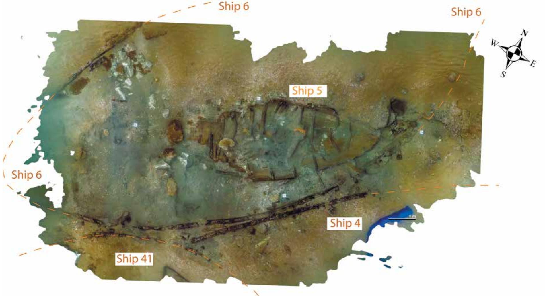 Ship 5 belongs to the accumulation of ships in the eastern part of the Central Port (marked ‘E’ on Fig.1). The depth at the excavation site was about seven meters. The upper planking of the ship was discovered under approximately 70 cm of sand. The interior of the hull below the sand was filled with dense fluvial clay. Ship 5 was surrounded by other shipwrecks, namely Ships 4, 6 and 41 (Fig. 2). Moreover, Ship 5 was deposited inside the hull of Ship 6 whose dimen- sions were considerably larger. All of the surrounding ships belonged to the baris type. A layer of sediment between Ships 5 and 6 confirms that some time had elapsed between the separate events of their deposition on the seafloor. 