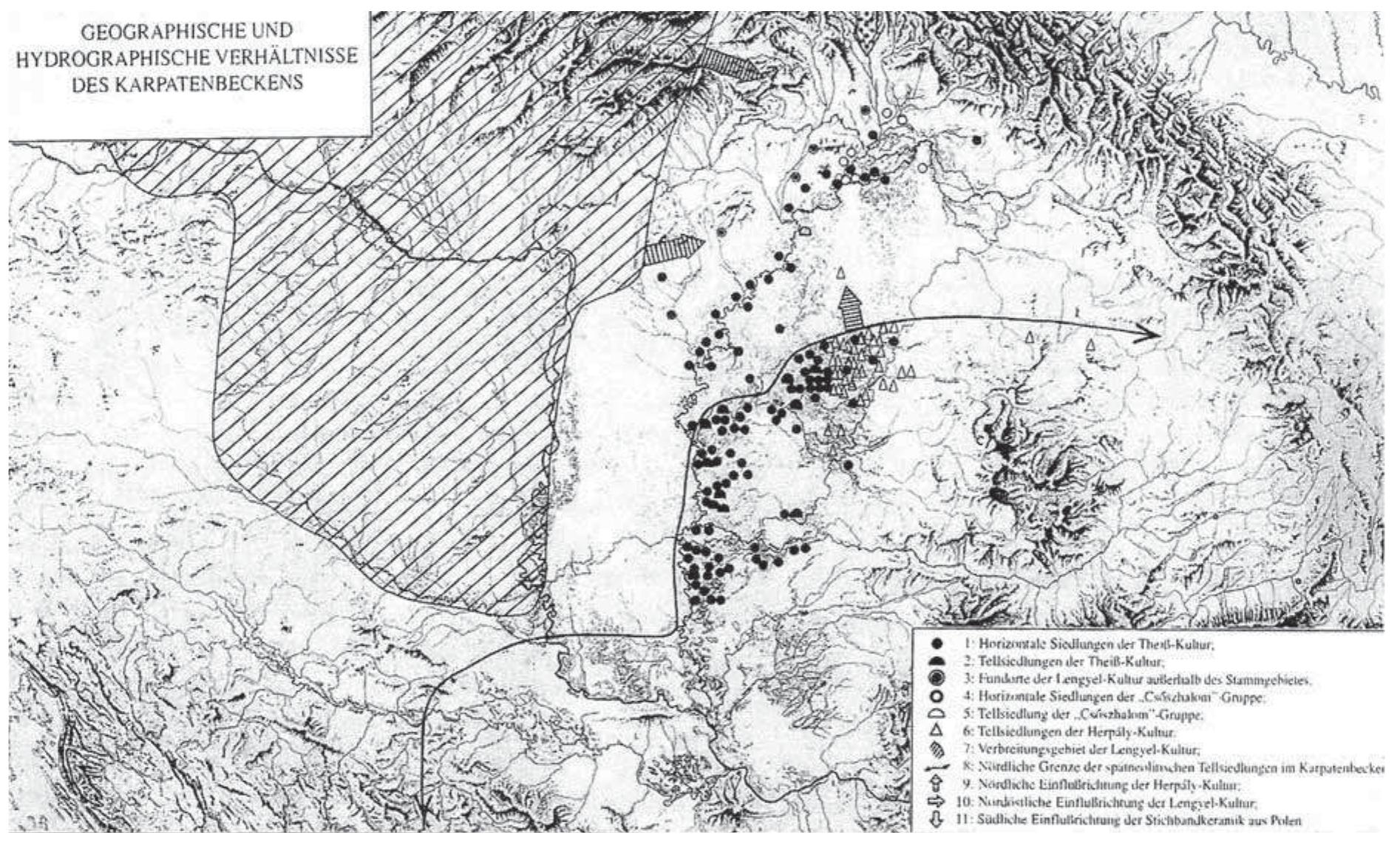 Fic. I-5: MAP INDICATING THE NORTHERN BOUNDARY OF TELL SITES OF THE TISZA CULTURE AND THE DENSE PATTERN OF TELL SITES OF THE NEIGHBOURING HERPALY GROUP (AFTER RACZKY 1995: 78 FIG. 1). 
