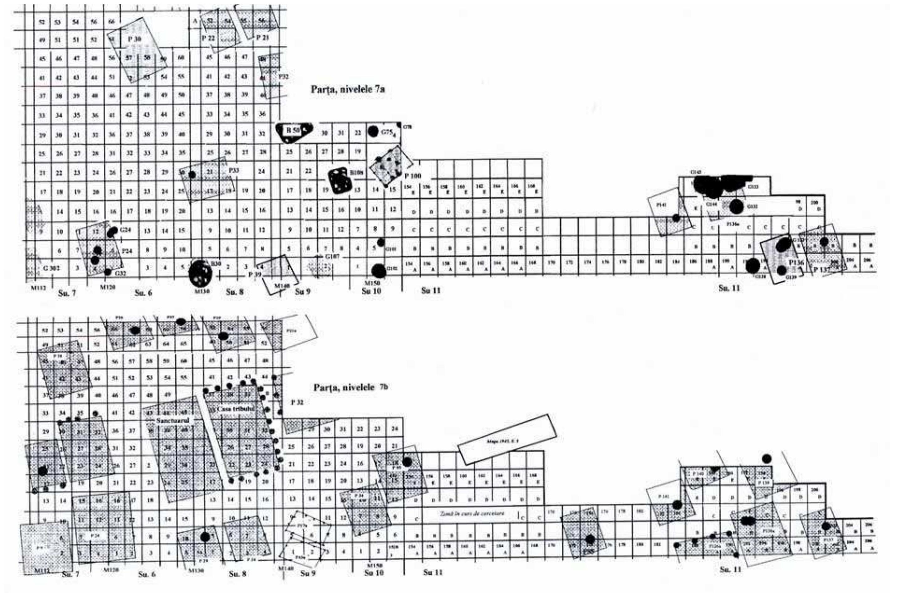 ‘1G. I-11: PARTA; VINCA CULTURE. HABITATION LEVELS 7A AND 7B; INITIAL PAIRS OF HOUSES AND INCREASINGLY DENSER OCCUPATION WITH CLUSTERS OF HOUSES IN SUBSEQUENT PHASES (AFTER DRASOVEAN/SCHIER 2010: 168 FIGS. 4 AND 5). 