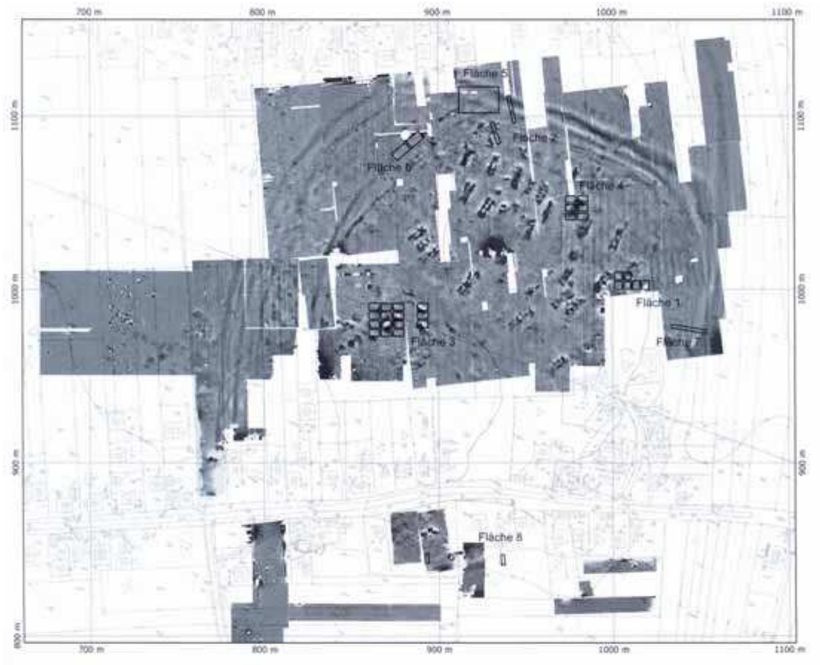 FIG. I-12: OKOLISTE. BUTMIR GROUP. MAGNETOMETER PLAN OF THE SITE AND ITS DITCHES INDICATING PARALLEL ORIENTATION OF THE HOUSES ON THE TELL (AFTER MULLER ET AL. 2011: 83 FIG. 3). 