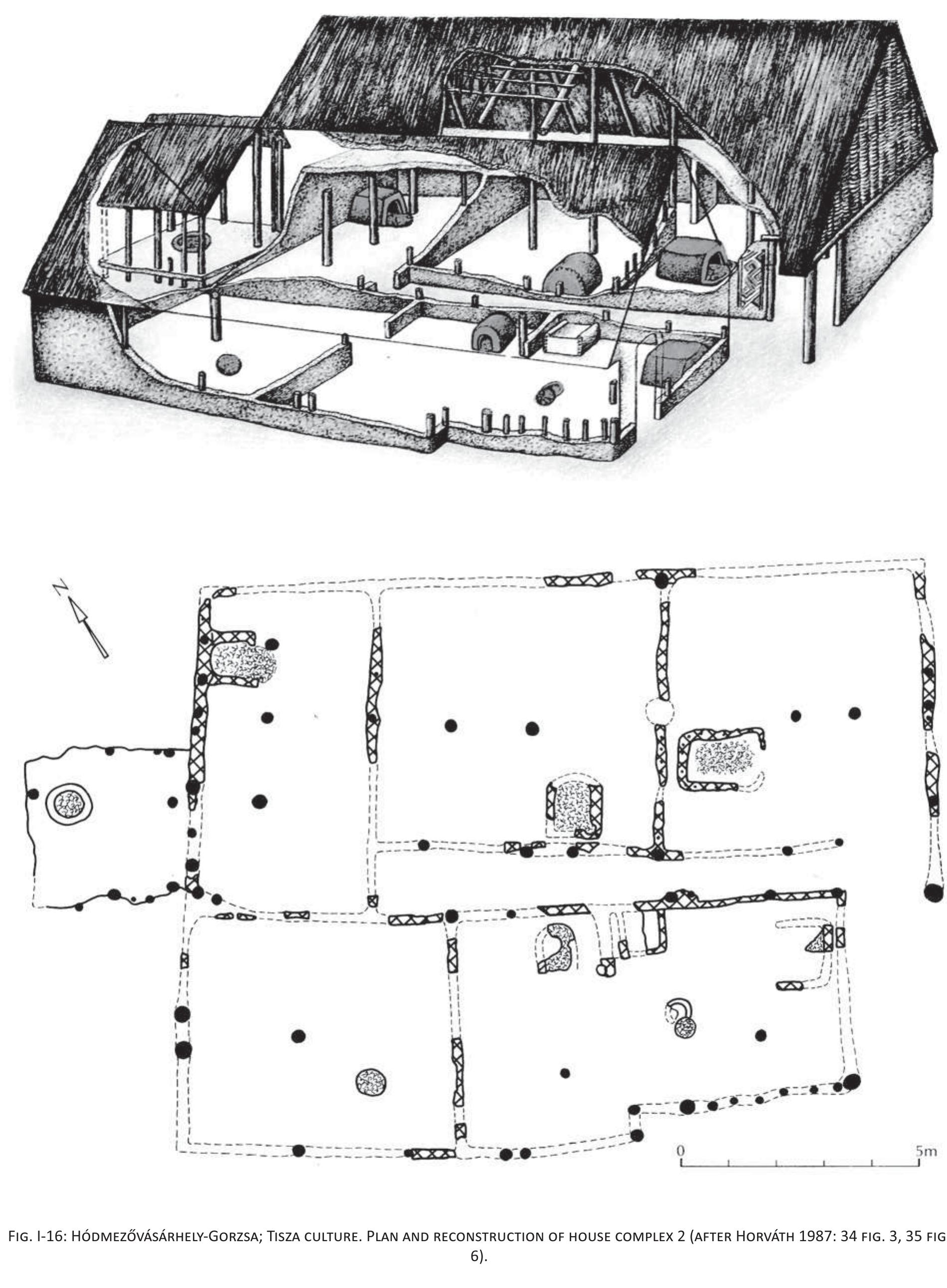 excavations become available it is likely that we will see some kind of specialisation, or rather different preferences for specific tasks on a household level. For example at Okoliste it has been shown that some economic activities, such as hunting, the processing of cereals, woodworking or weaving, were unevenly distributed among the houses examined. In addition, patterns of consumption evident,  Fixed installations related to daily life include ovens and hearths, which often occur in each room of a house, storage vessels and clay platforms. Pottery, grinding stones, loom weights, spindle whorls and various stone or flint tools point to food preparation, textile production and various other craft activities (Kalicz/Raczky 1987a: 19-21; Link 2006: 55). Wherever the results of modern 