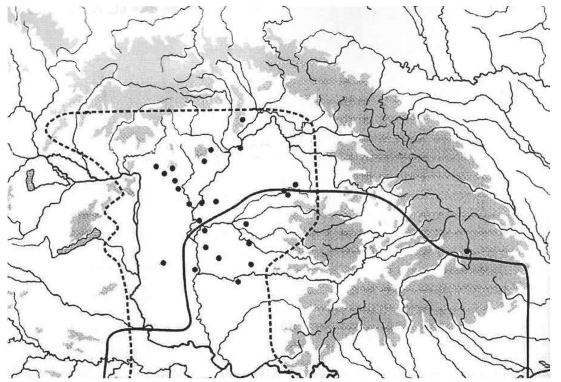 FIG. I-20: COMPARISON OF THE DISTRIBUTION OF LATE NEOLITHIC (CONTINUOUS LINE) AND BRONZE AGE (BROKEN LINE) TELL SITES IN THE CARPATHIAN BASIN (AFTER ANDERS ET AL. 2010: 148 FIG. 1). 