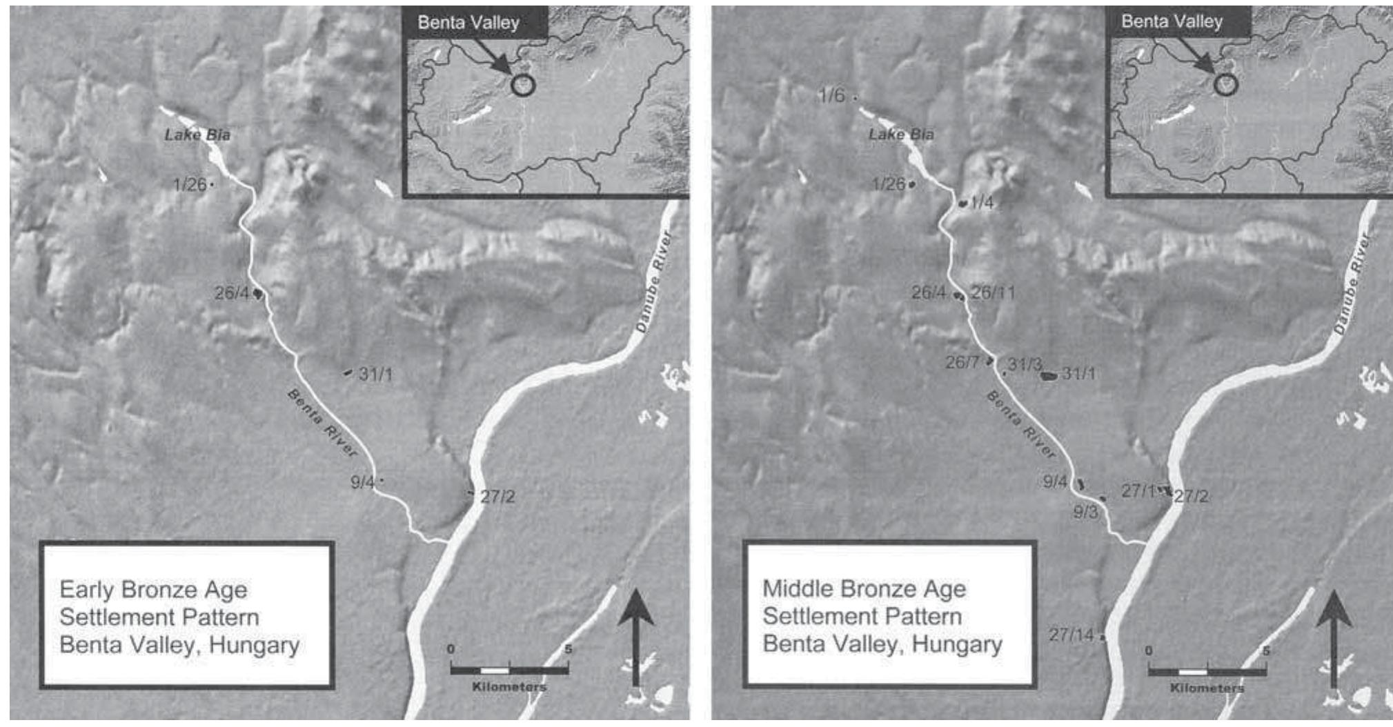 G. |-24: COMPARISON OF EARLY AND MIDDLE BRONZE AGE SETTLEMENT PATTERNS IN THE HUNGARIAN BENTA VALLEY (AFTER EARLE/KOLB 2010: 73 FIG. 3.3, 75 FIG. 3.4). 