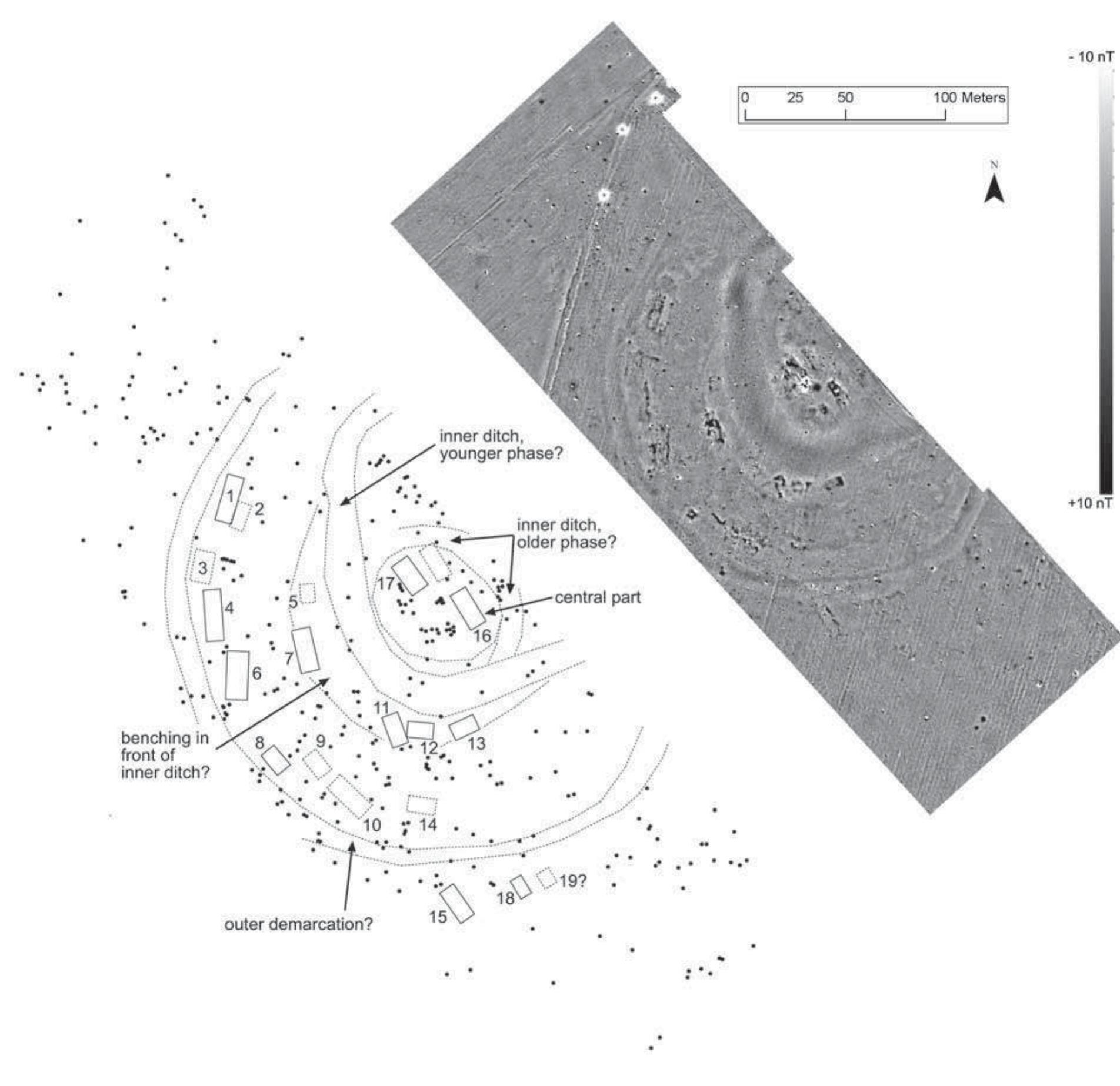 FIG. I-27: TARD-TATARDOMB; HATVAN AND FUZESABONY CULTURE. GREYSCALE PLOT AND INTERPRETATION OF THE MAGNETOMETER DATA OF THE CENTRAL PART OF THE SITE AND PART OF THE OUTER SETTLEMENT (AFTER FISCHL ET AL. 2014: 347 FIGS. 6 AND 7). 