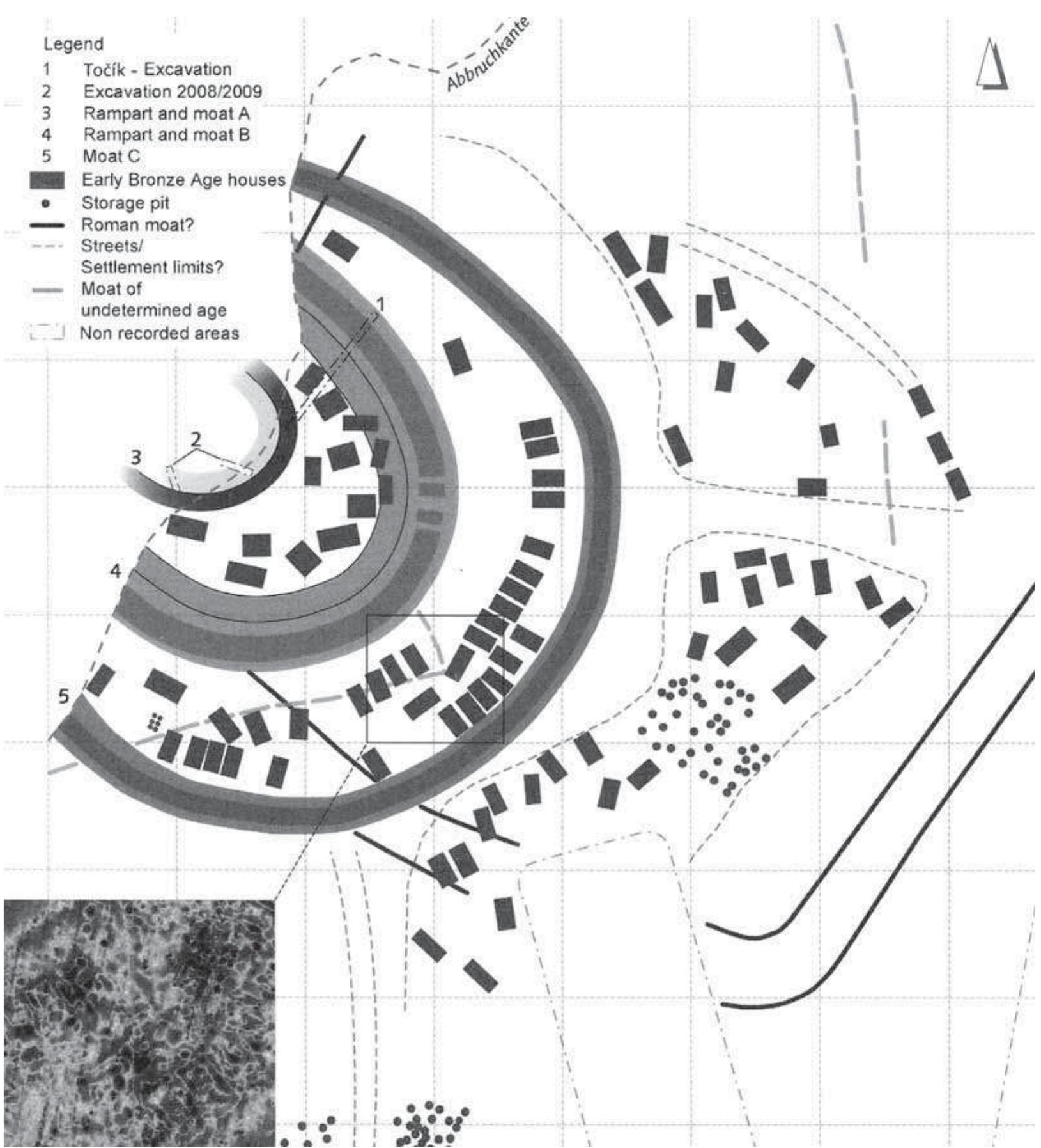 FIG. I-28: VRABLE-FIDVAR. INTERPRETATION OF THE MAGNETOMETER DATA INDICATING SEVERAL PHASES OF OCCUPATION AND FORTIFICATION; NOTE THE POSSIBILITY OF A SEPARATE STORAGE AREA LOCATED BETWEEN ADJACENT GROUPS OF HOUSES IN THE OUTER PART OF THE SETTLEMENT (AFTER EARLE/KRISTIANSEN 20102: PL. 8.1). 