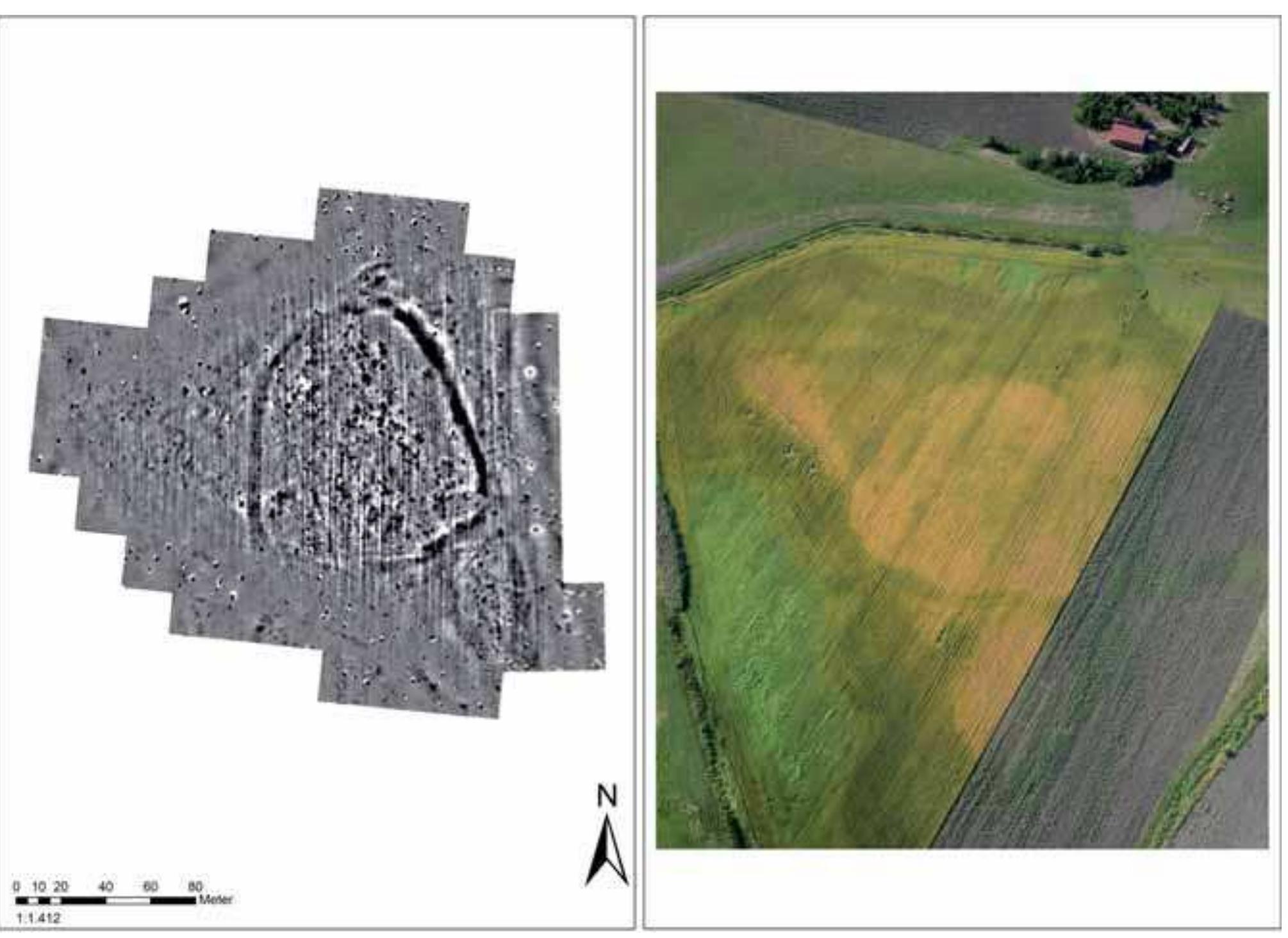 FIG. I-29: ANDRID-DEALUL TAURILOR/BIKA DOMB IN THE ROMANIAN IER VALLEY; OTOMANI CULTURE. MAGNETOMETER PLAN SHOWING SETTLEMENT ACTIVITY ON TOP OF THE OLDER DITCH AND AERIAL PHOTOGRAPH OF THE TELL-LIKE SETTLEMENT (AFTER MARTA ET AL. 2010: 126 FIG. 6, 127 FIG. 7). 
