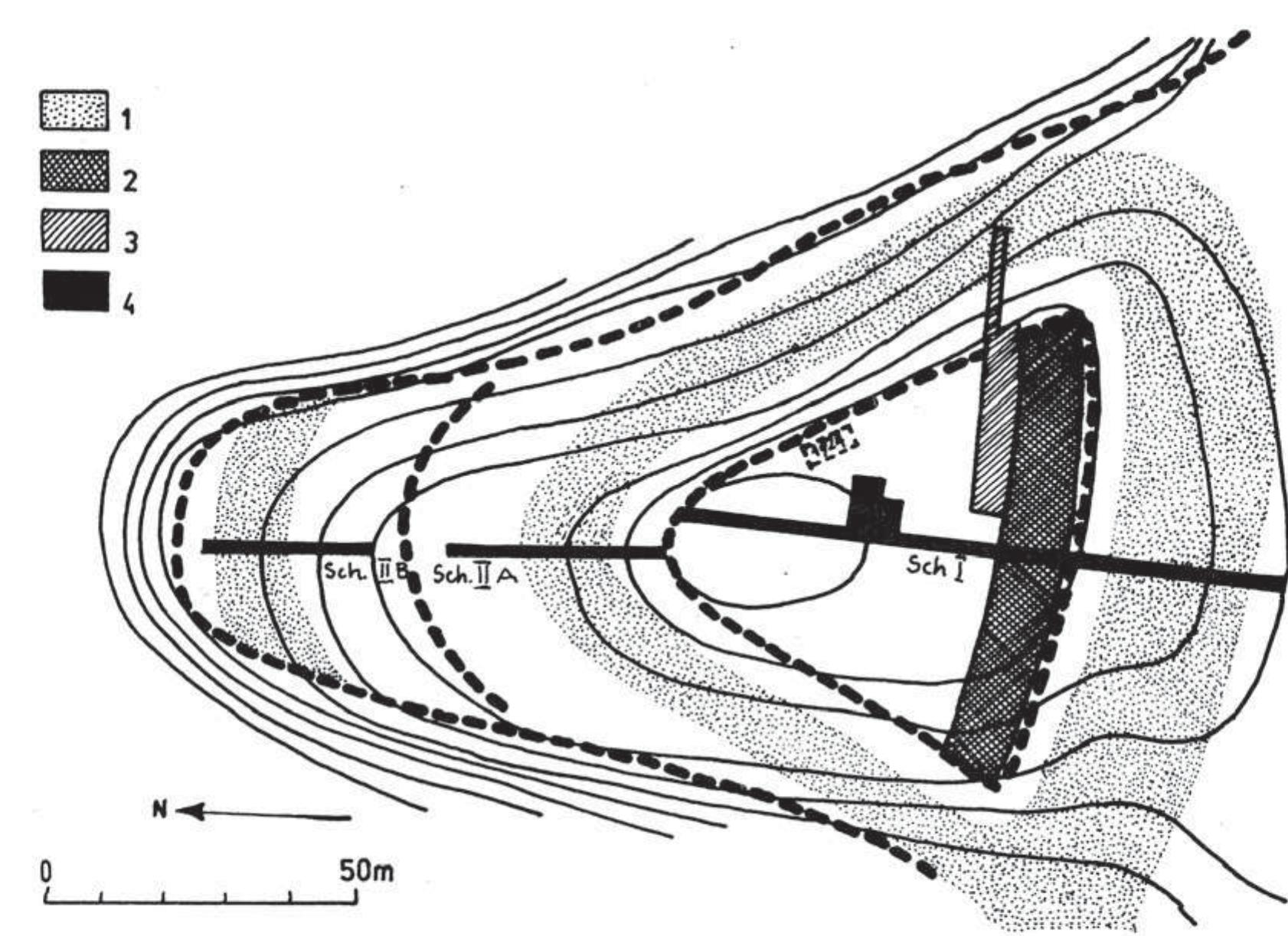 FIG. I-31: OTOMANI-CETATUIA; OTOMANI CULTURE. 1: MASSIVE DITCHES SURROUNDING THE CENTRAL PART OF THE BRONZE AGE TELL SETTLEMENT (AFTER BADER 1982: 49 FIG. 2). 