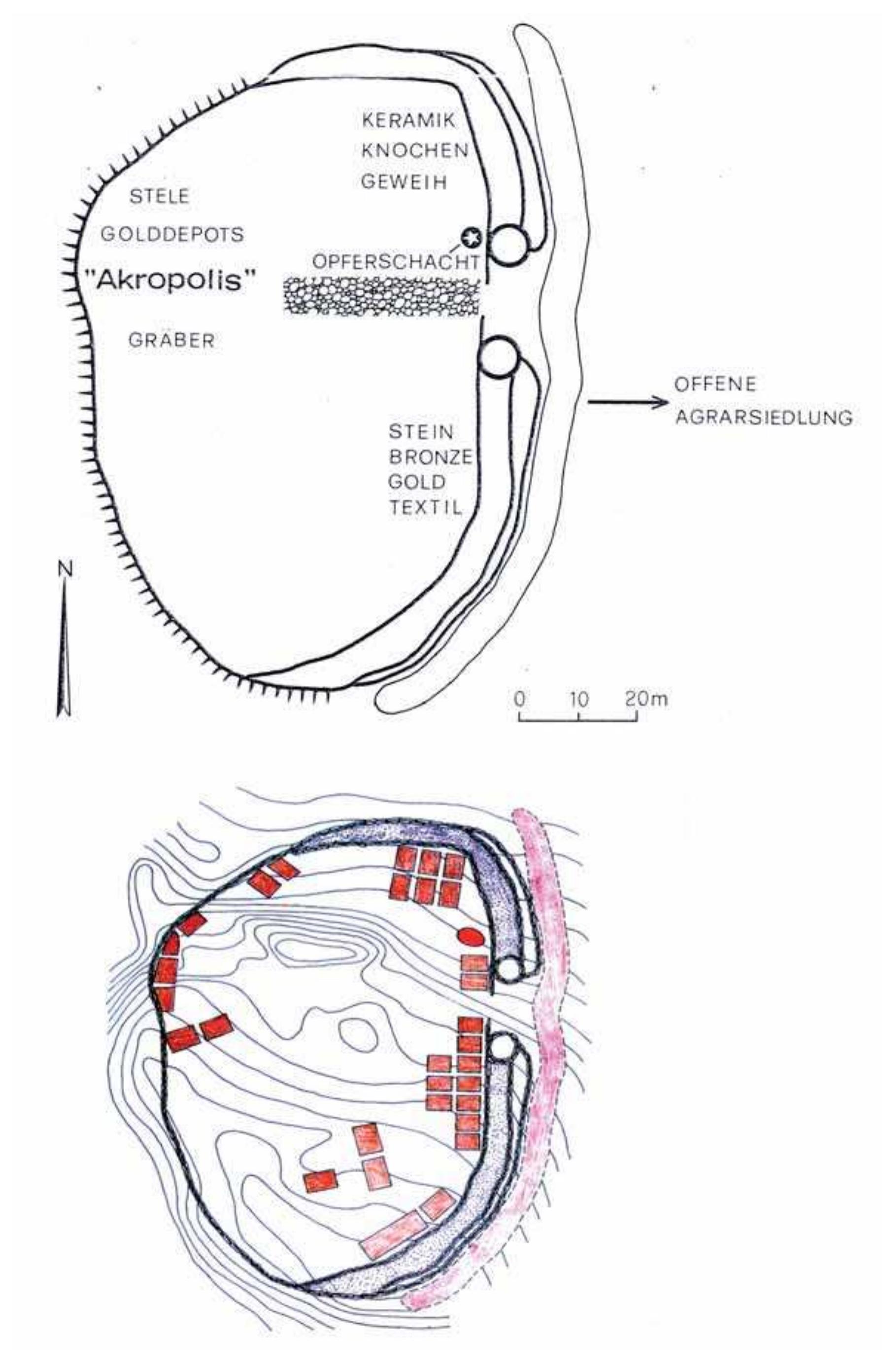 Fic. I-38: SPIssKY STVRTOK; OTOMANI-FUZESABONY CULTURE. SUGGESTED EVIDENCE FOR FUNCTIONAL DIFFERENTIATION AND STONE-BUILT FORTIFICATION (AFTER JOCKENHOVEL 1990: 216 FIG. 4; GASAJ 2002B: 36 FIG. 6). 