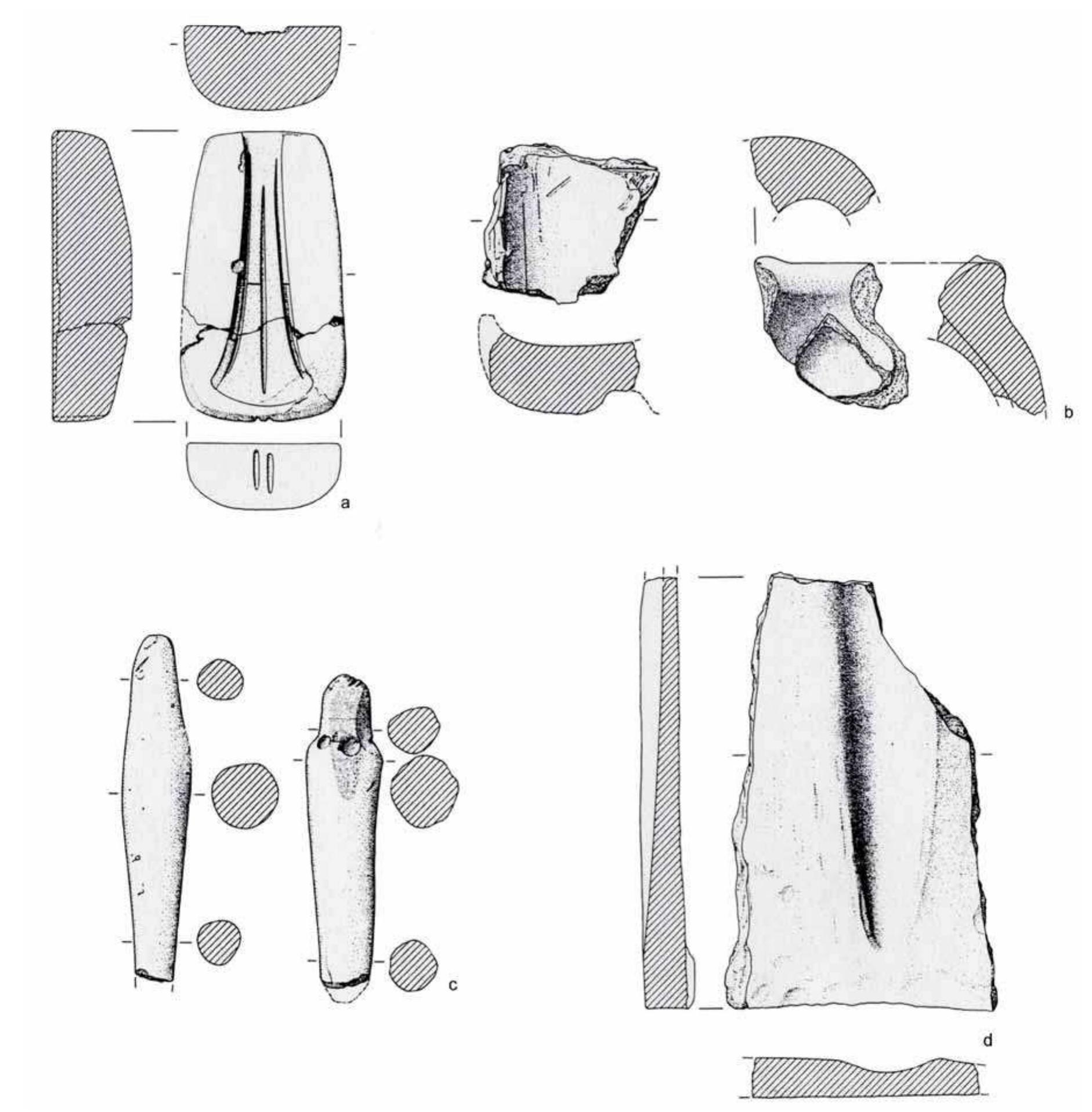 Fic. I-43: MOSORIN-FEUDVAR; VATIN CULTURE. REMAINS OF METALWORKING ACTIVITIES FROM THE EARLY BRONZE AGE WORKSHOP: A) MOULD, B) BROKEN MOULDS FOR CIRE PERDUE CASTING, C) CORES, D) GRINDSTONE; AFTER HANSEL/MEDOVIC 2004: 104 FIG. 7.1, 106 FIG. 9.17/18, 107 FIG 10.1, 108 FIG. 11.9/10). 