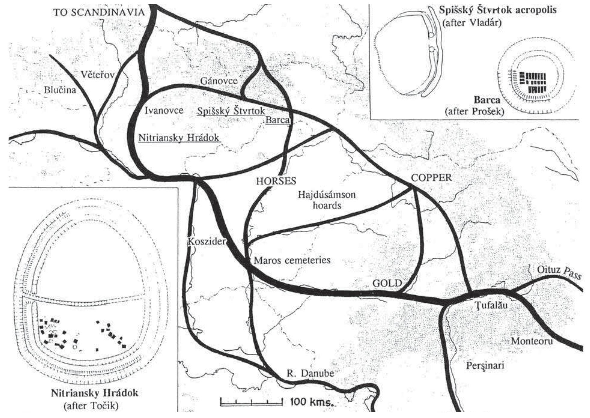 FIG. Il-4: BRONZE AGE LONG-DISTANCE TRADE AND FORTIFIED SETTLEMENT IN THE CARPATHIAN BASIN (AFTER A. SHERRATT 19932: 27 FIG. 7). 